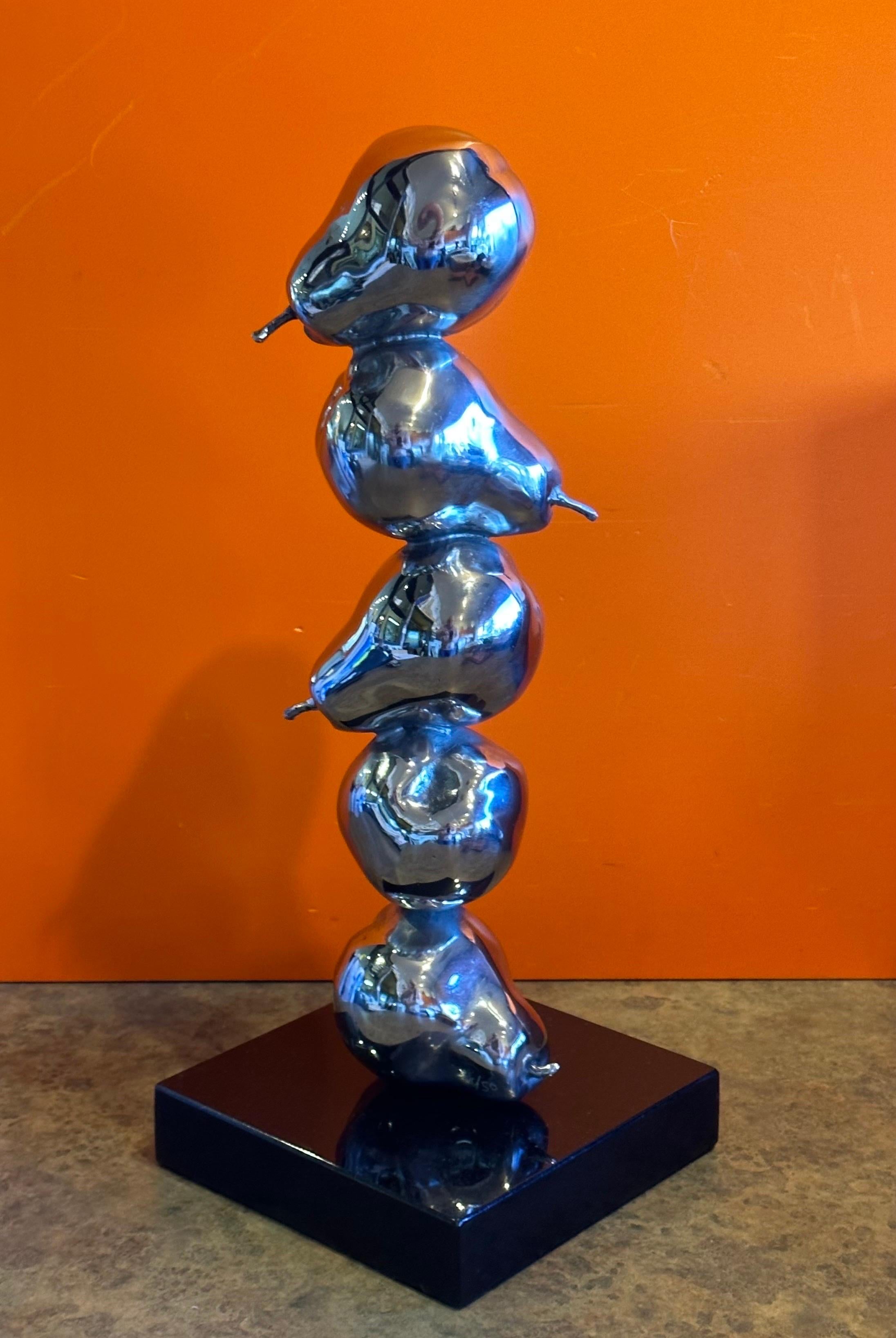 Modernist Chrome on Black Marble Stacked Pears Sculpture For Sale 3