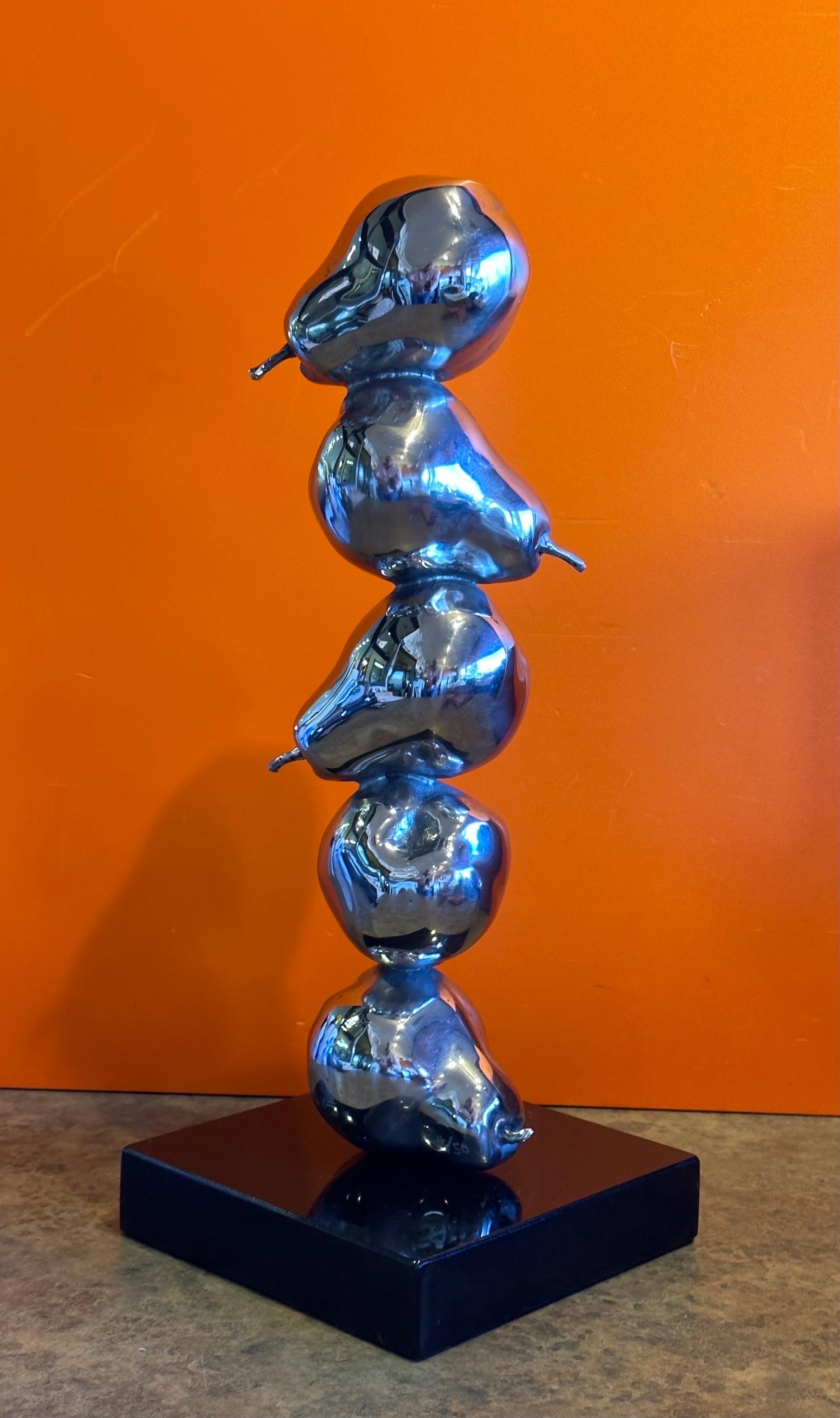 Modernist Chrome on Black Marble Stacked Pears Sculpture For Sale 4