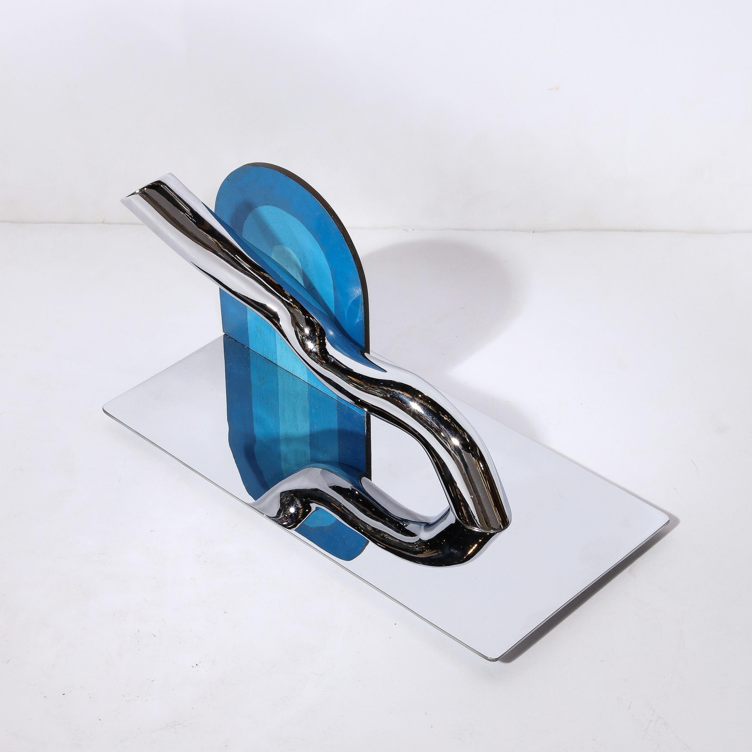 Modernist Chrome & Painted Cobalt Enamel Curvilinear Sculpture by William Pye For Sale 4
