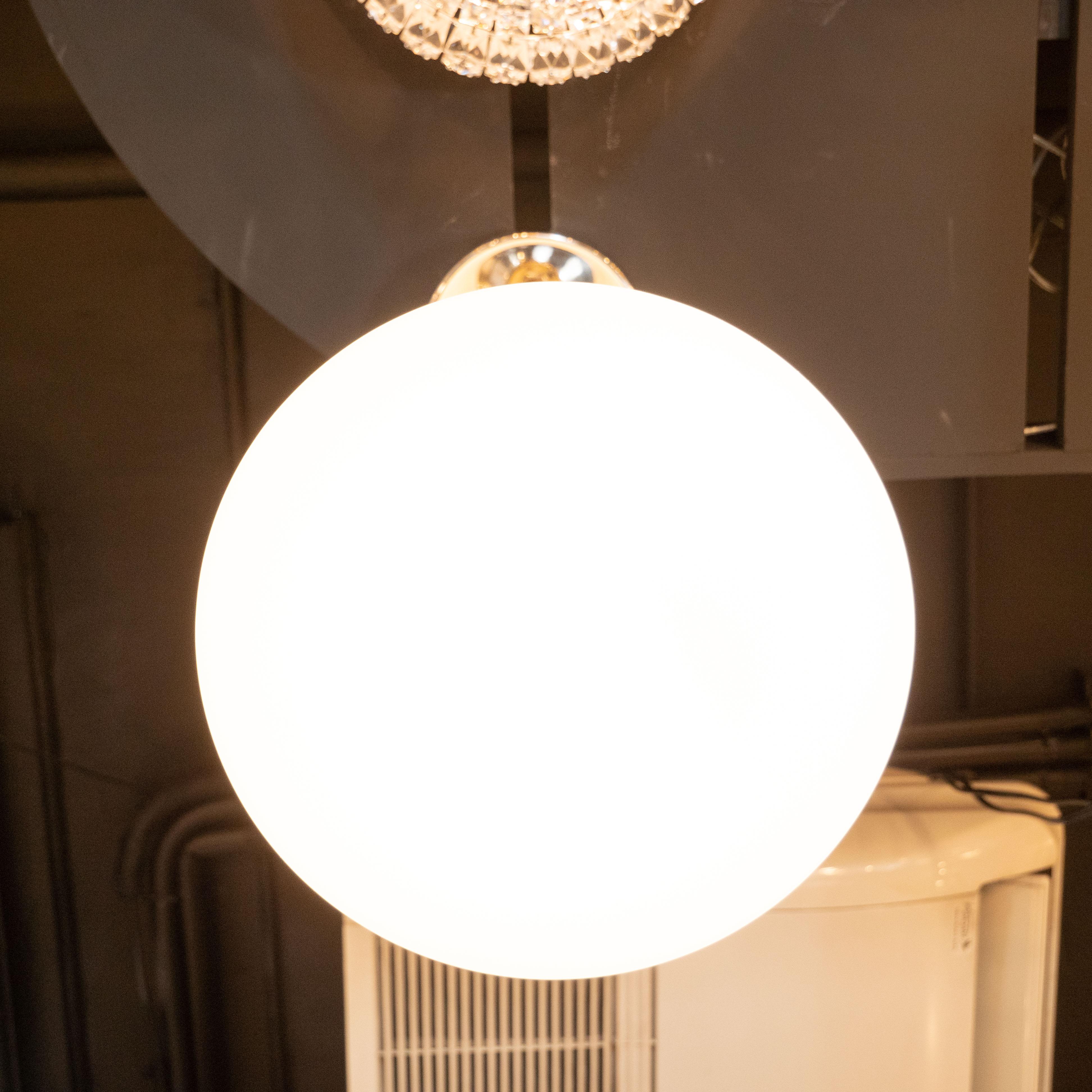 Modernist Chrome Pendant with Opaque White Glass Shade by High Style Deco im Zustand „Hervorragend“ in New York, NY