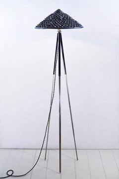 Chrome and Black Tripod Lamp with Hand-Painted Black Woven Grass Shade, In Stock