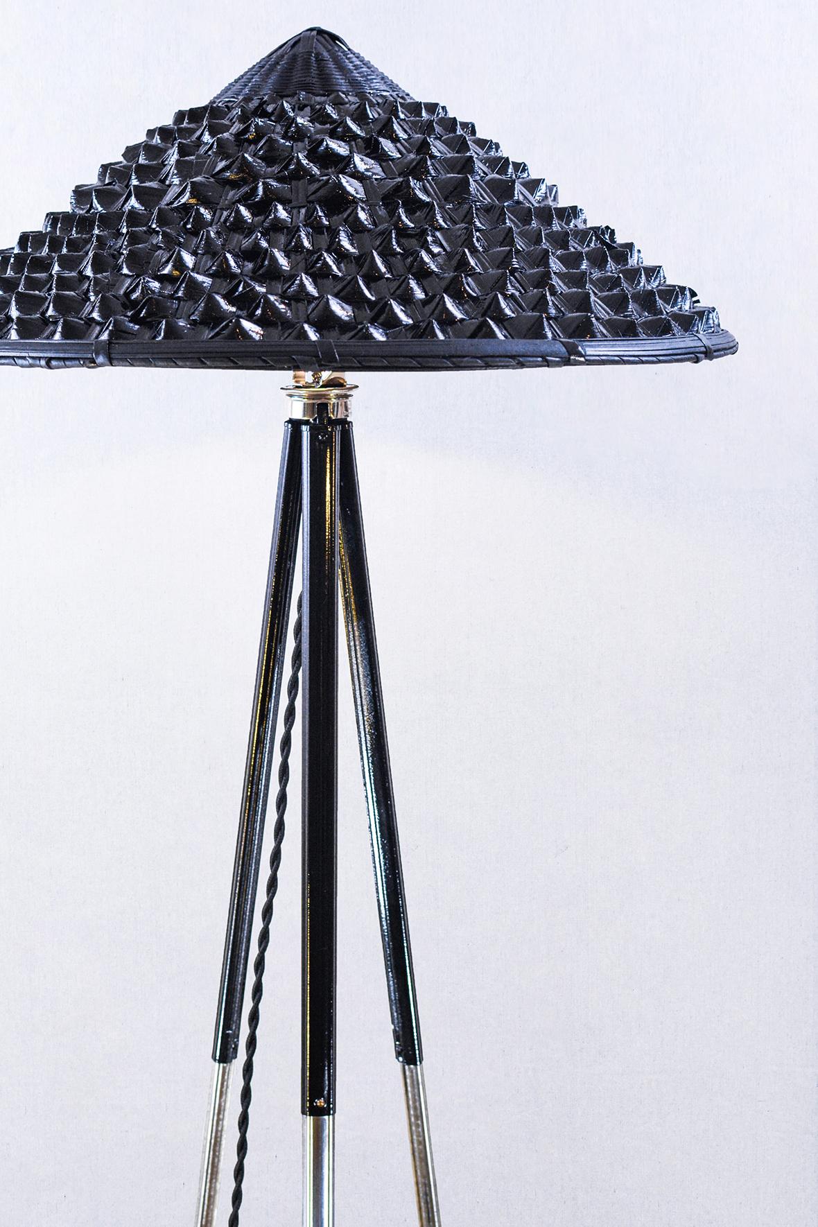 American Chrome and Black Tripod Lamp with Hand-Painted Black Woven Grass Shade, In Stock For Sale