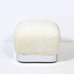 Modernist Chrome Wrapped Ottoman in Cream Gaufrage Velvet, Manner of Springer