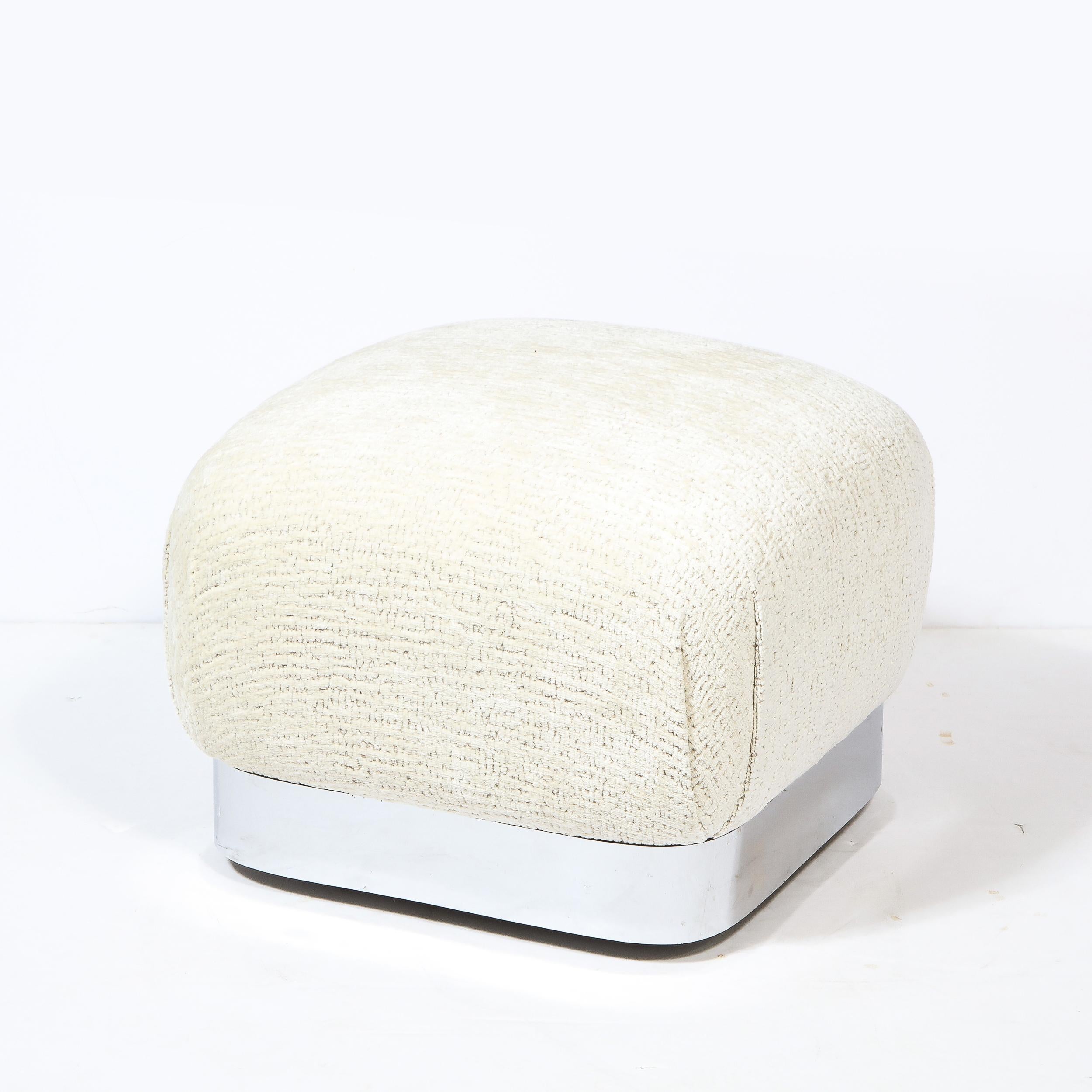 American Modernist Chrome Wrapped Ottoman in Cream Gaufrage Velvet, Manner of Springer For Sale