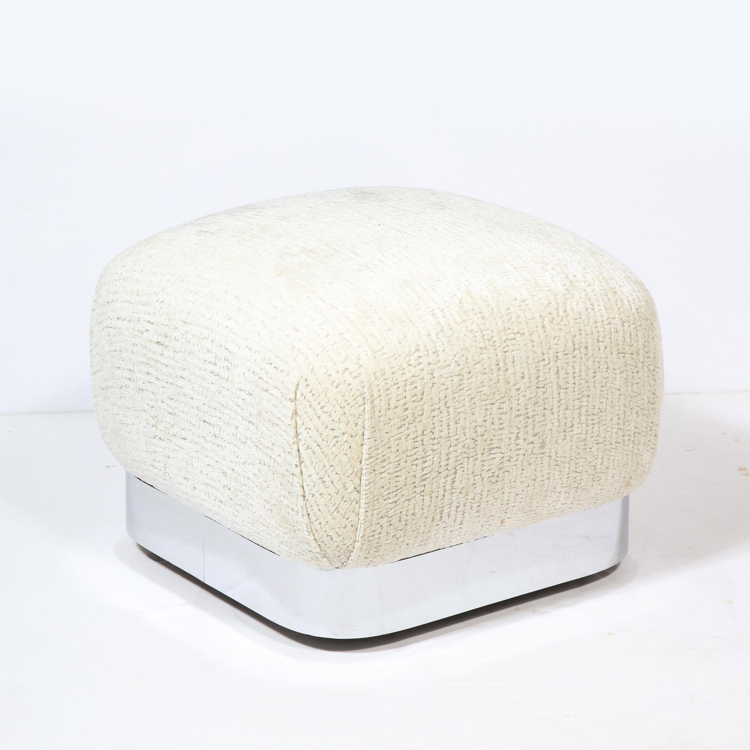 Modernist Chrome Wrapped Ottoman in Cream Gaufrage Velvet, Manner of Springer For Sale 2