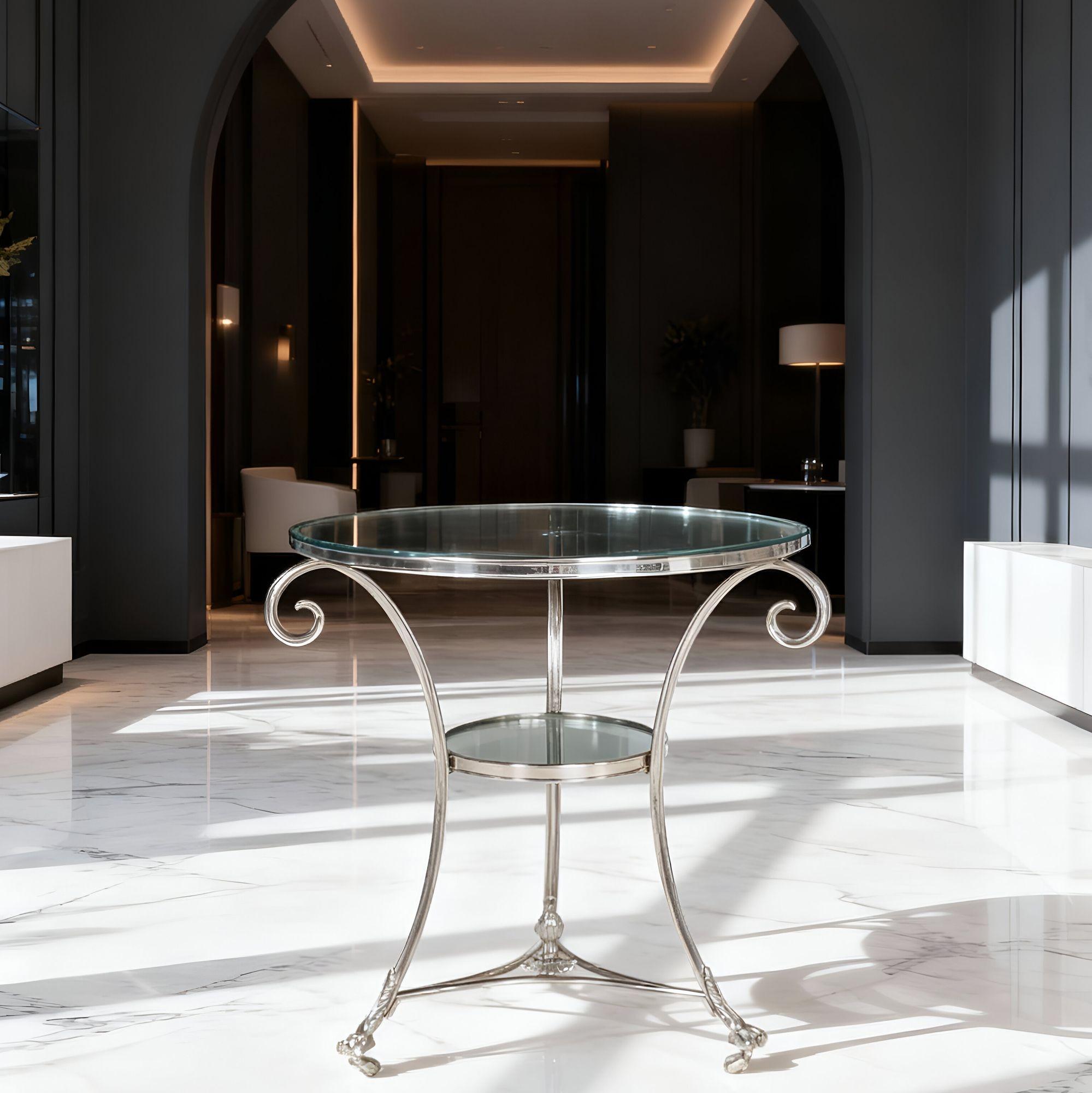 NEOCLASSICAL STYLE TWO-TIER CHROMED GUERIDON WITH MIRRORED GLASS
Mid-20th Century

29 7/8