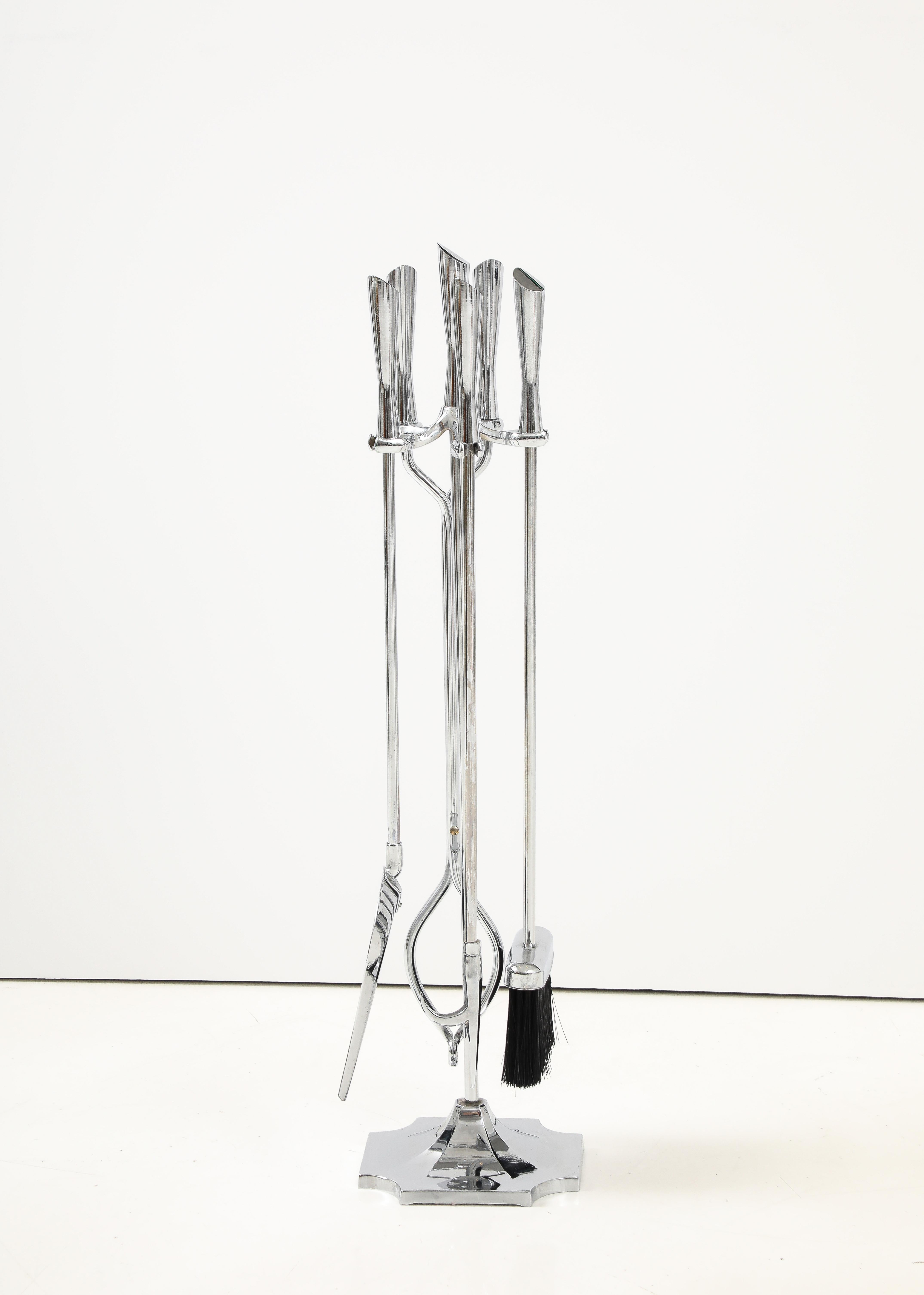 Mid-Century Modern Outils de cheminée modernistes chromés, style Karl Springer en vente