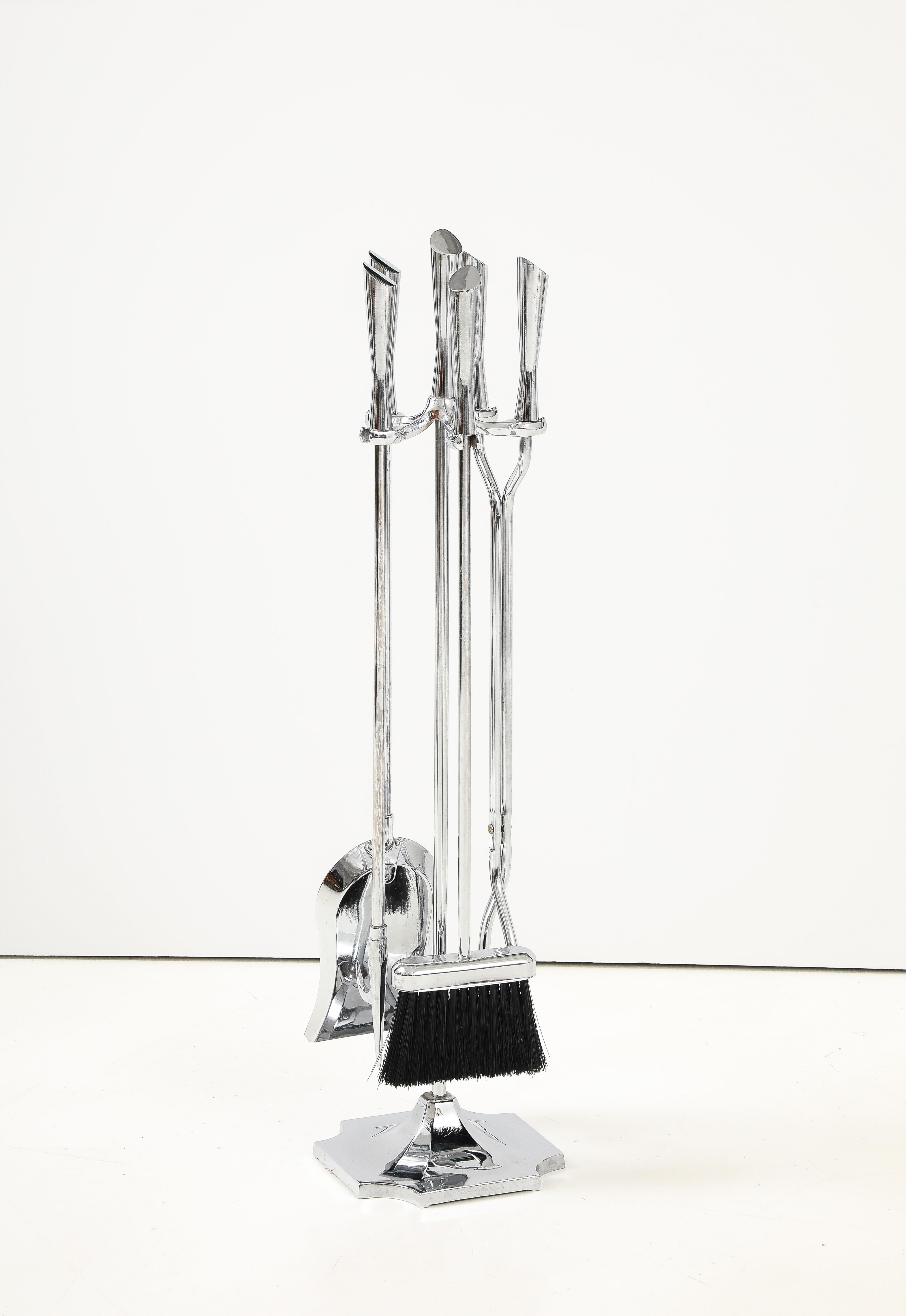 Acier inoxydable Outils de cheminée modernistes chromés, style Karl Springer en vente