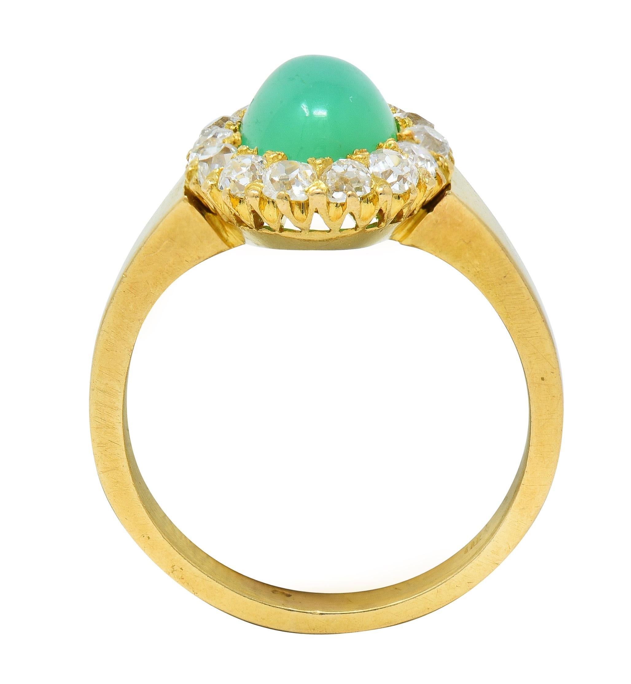 Modernist Chrysoprase Diamond 18 Karat Yellow Gold Vintage Halo Ring For Sale 5