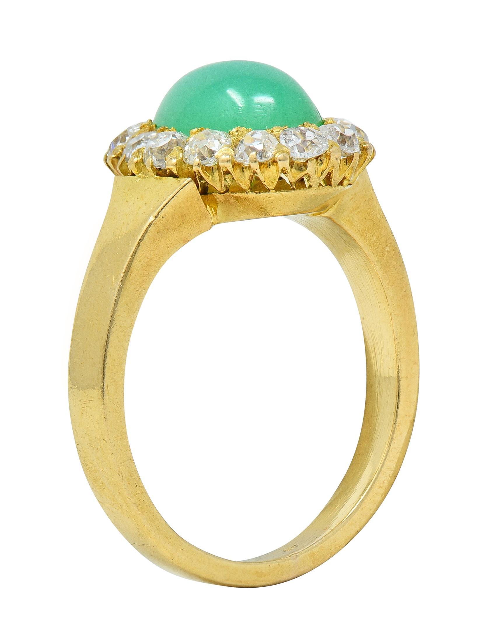 Modernist Chrysoprase Diamond 18 Karat Yellow Gold Vintage Halo Ring For Sale 6