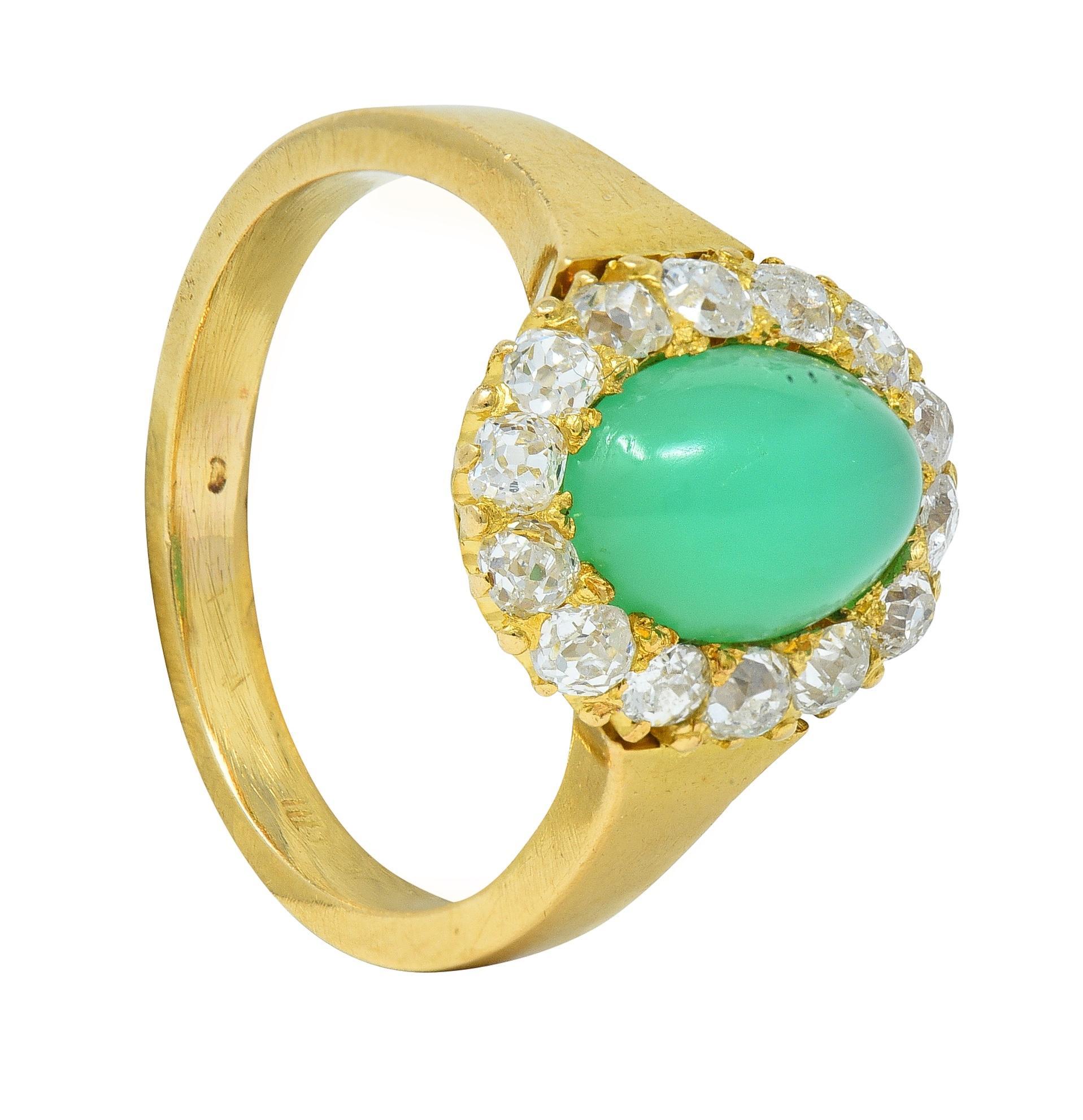 Modernist Chrysoprase Diamond 18 Karat Yellow Gold Vintage Halo Ring For Sale 7