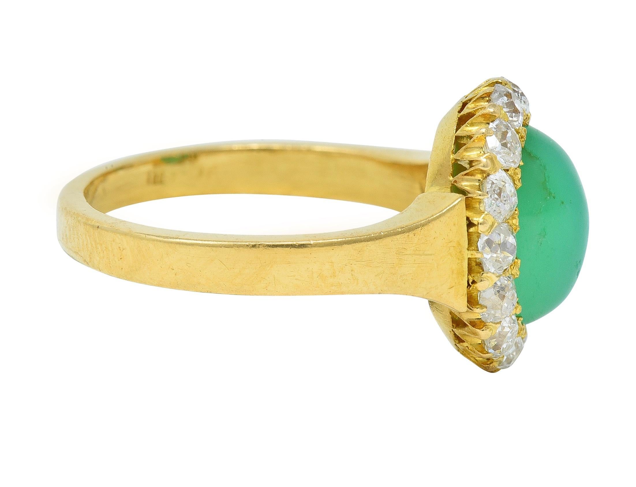 Cabochon Modernist Chrysoprase Diamond 18 Karat Yellow Gold Vintage Halo Ring For Sale