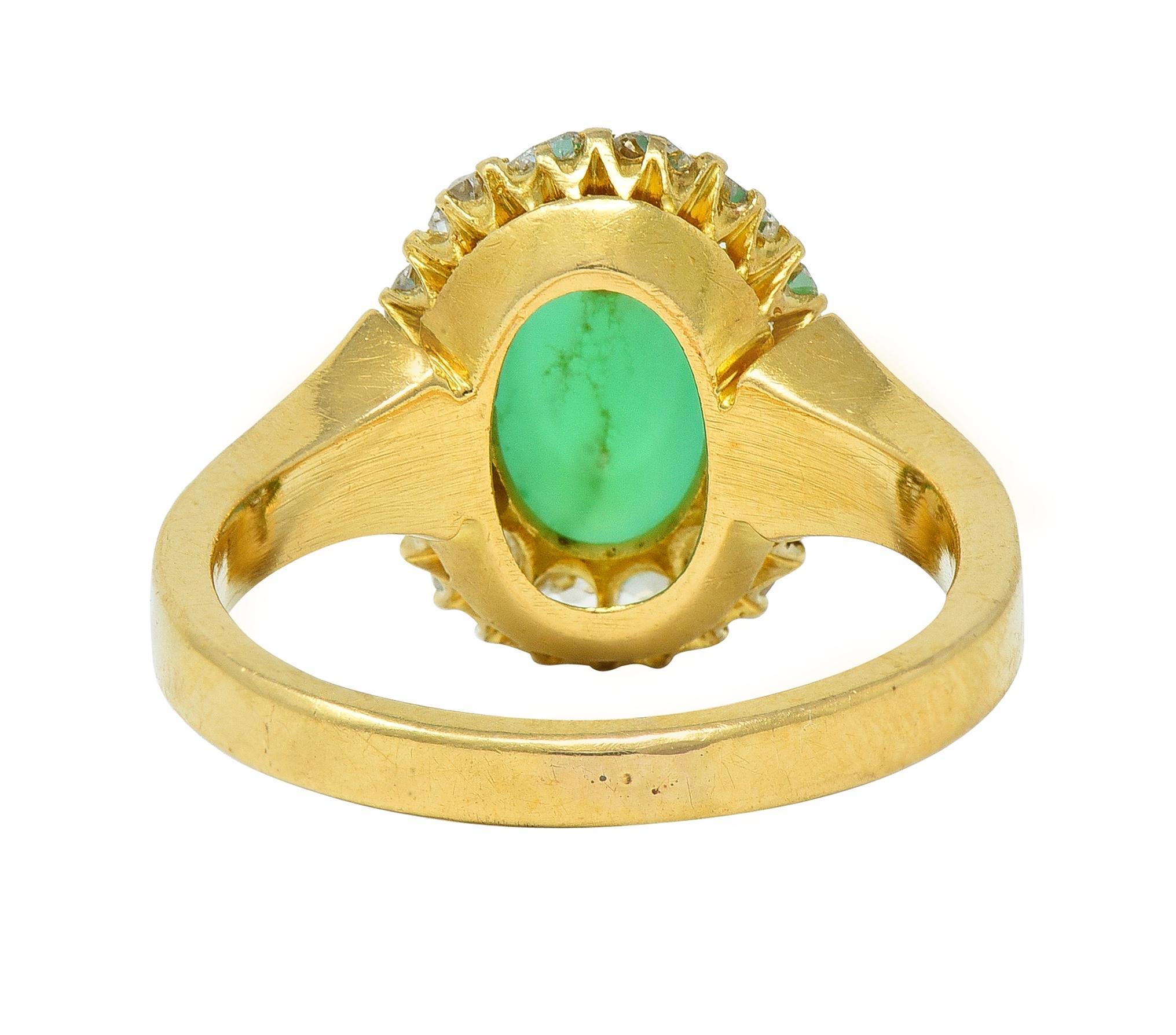 Modernist Chrysoprase Diamond 18 Karat Yellow Gold Vintage Halo Ring In Excellent Condition For Sale In Philadelphia, PA