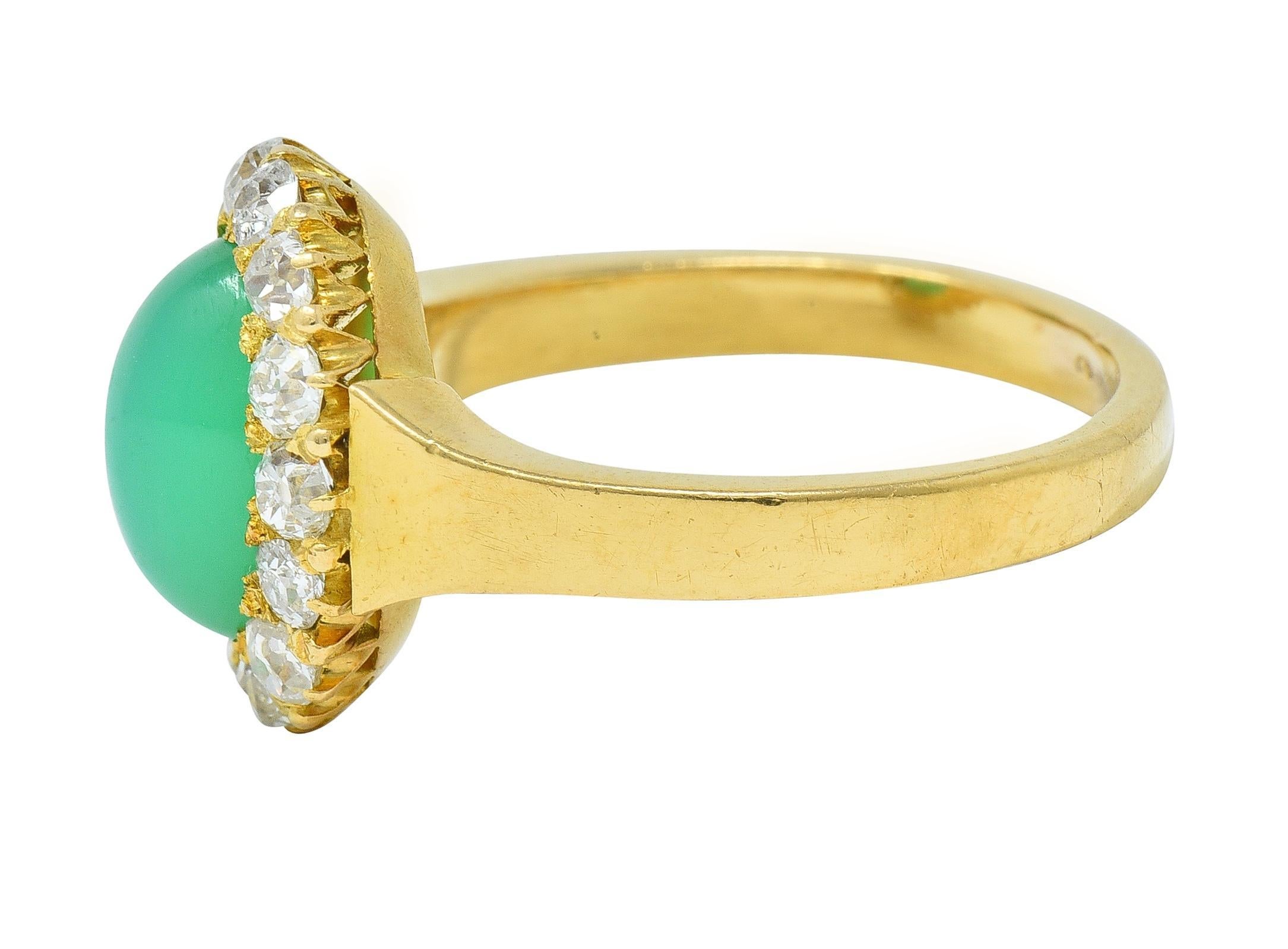 Women's or Men's Modernist Chrysoprase Diamond 18 Karat Yellow Gold Vintage Halo Ring For Sale