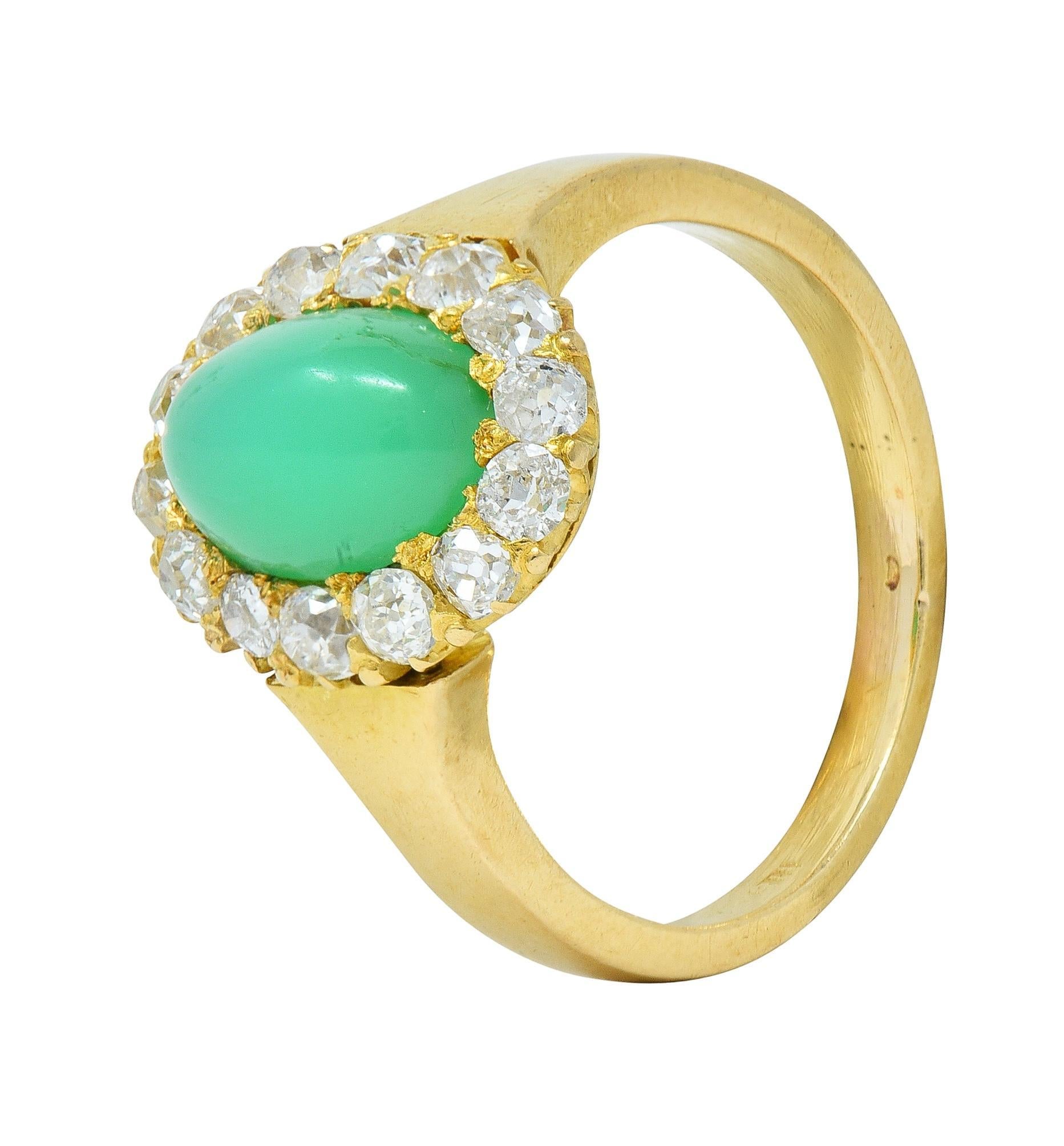 Modernist Chrysoprase Diamond 18 Karat Yellow Gold Vintage Halo Ring For Sale 4