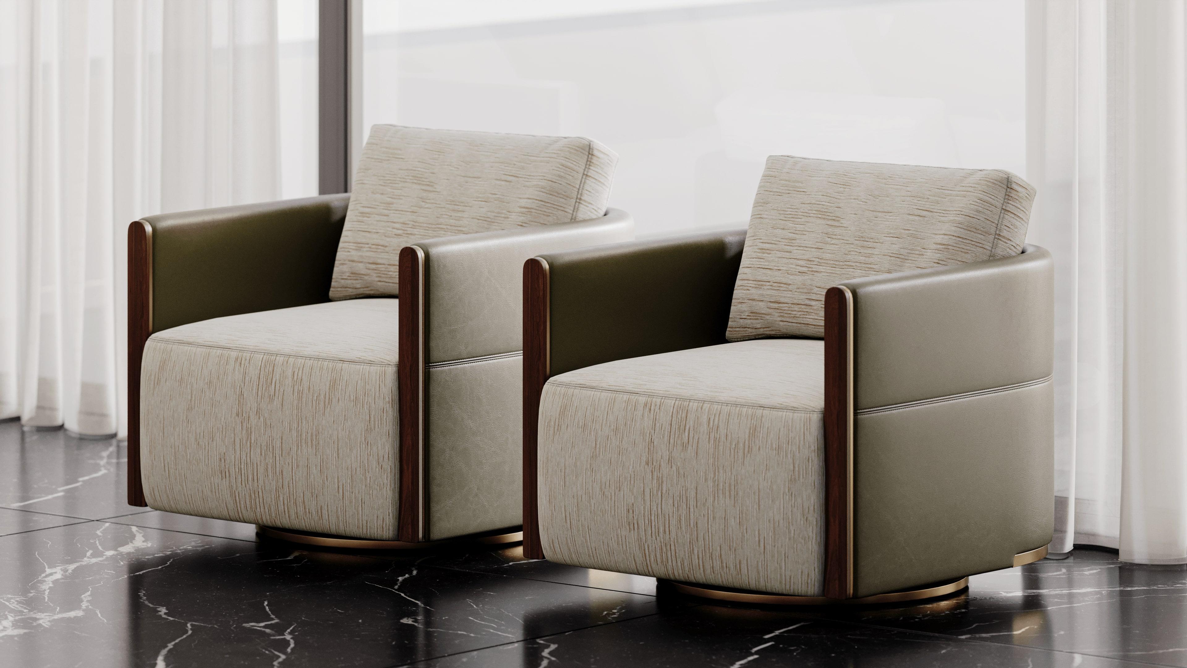 Circa armchair effortlessly combines classic sophistication with modern functionality, embodying a sense of timeless style. Its sleek swivel base allows for smooth, fluid motion, making it the perfect blend of comfort and versatility. Ideal for any