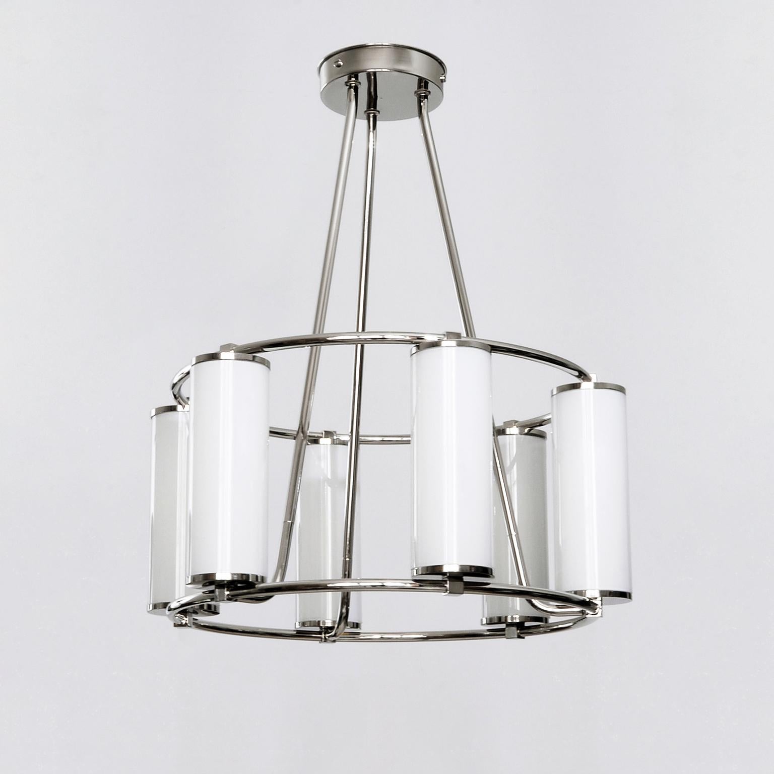 German Modernist Circular 6-Light Chandelier, Nickel-Plated, Glass Cylinders, Bespoke For Sale