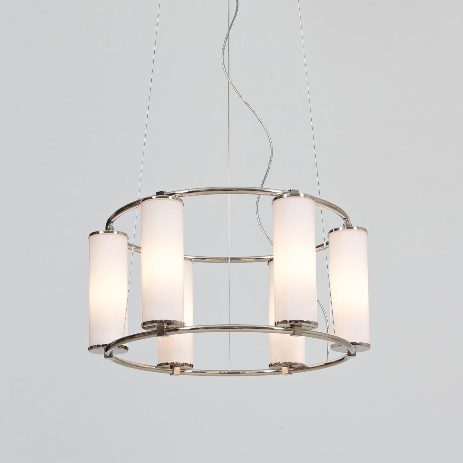Modernist circular six-light 'Olympia' chandelier. Nickel-plated brass and opaline glass cylinders, manufactured by GMD Berlin, 2018.

Technical details: 6 sockets E 27, soffitten-lights, pendant length is variable.