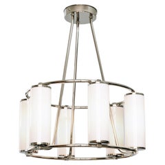 Modernist Circular 6-Light Chandelier, Nickel-Plated, Glass Cylinders, Bespoke