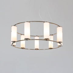 Modernist Circular 9-Light Chandelier, Nickel-Plated Brass with Glass Cylinders