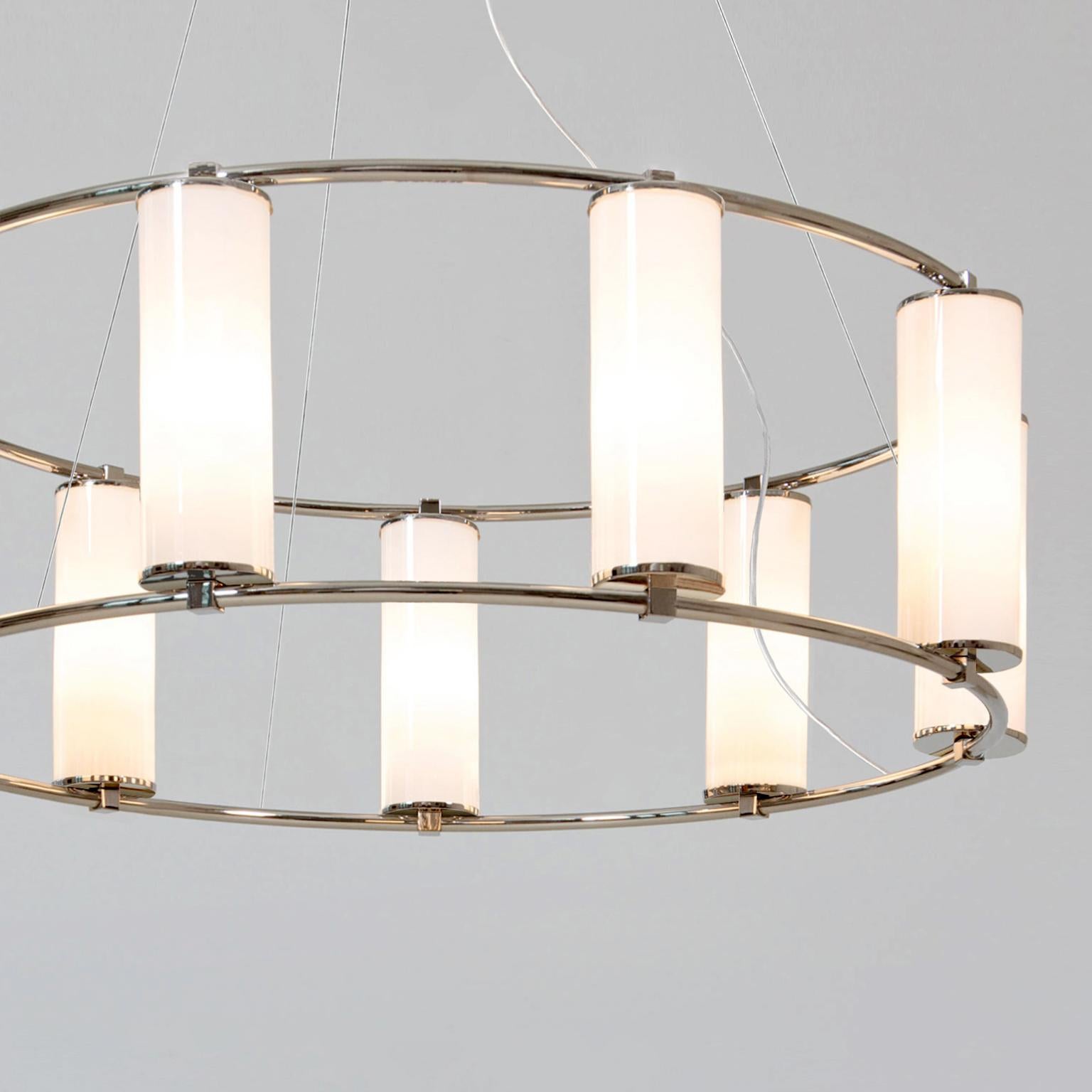 German Modernist Circular 9-Light Chandelier, Nickel-Plated Brass with Glass Cylinders For Sale
