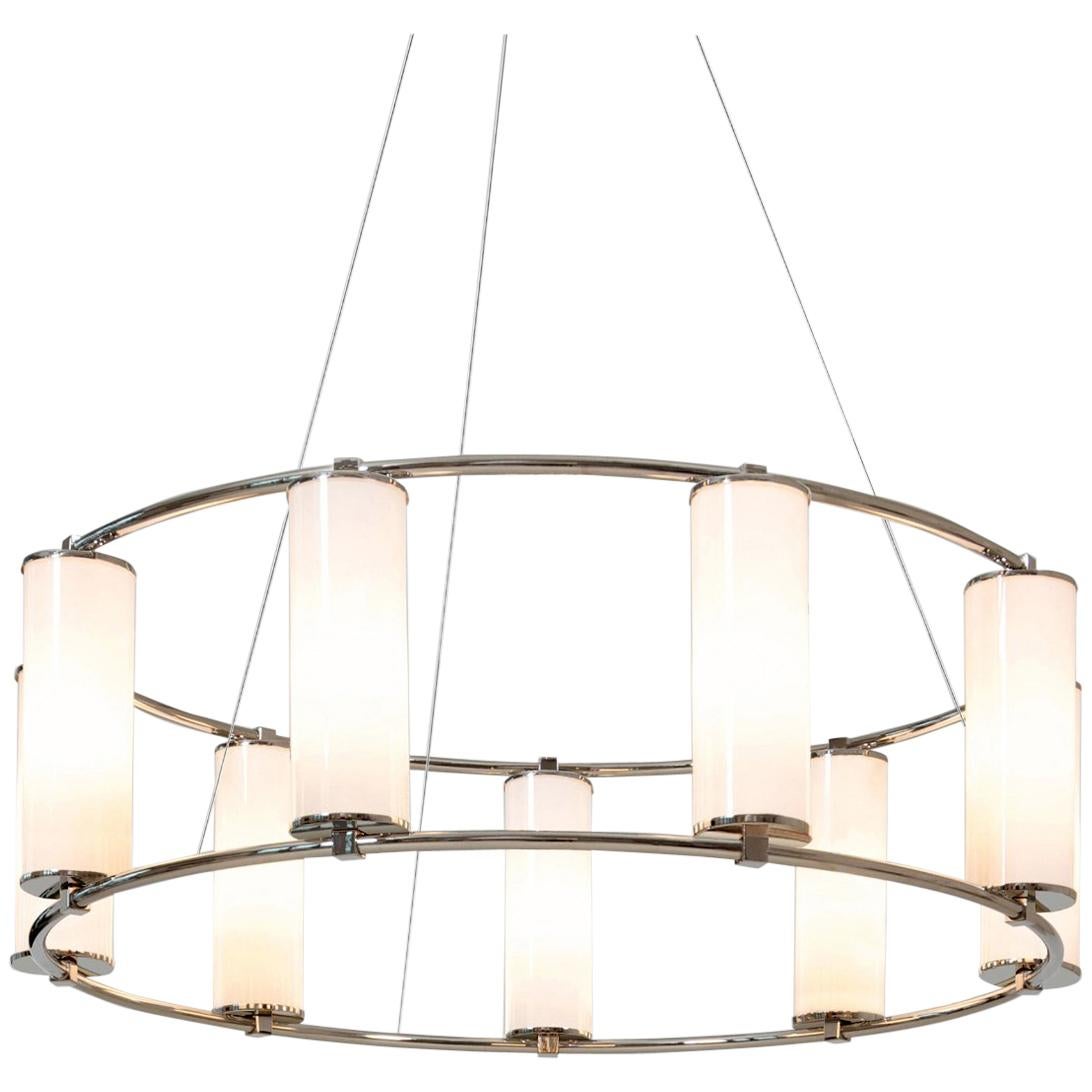 Lustre circulaire moderniste à 9 lumières en laiton nickelé avec cylindres en verre