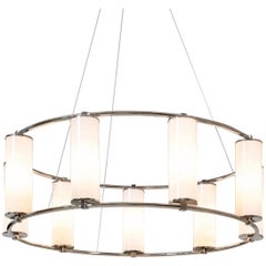 Modernist Circular 9-Light Chandelier, Nickel-Plated Brass with Glass Cylinders