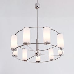 Modernist Circular 9-Light Chandelier, Plated Brass with Opal Glass Cylinders
