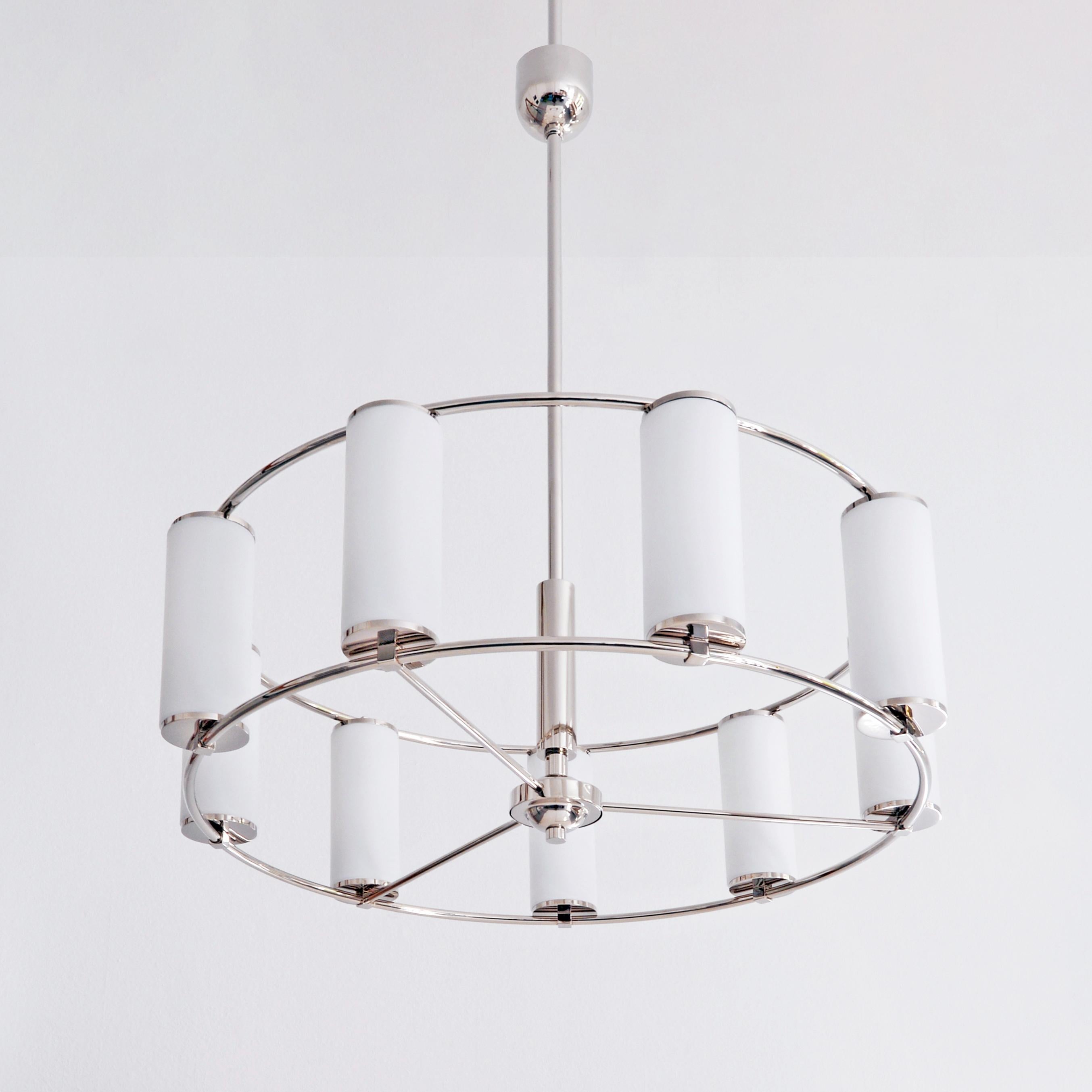 German Modernist Circular 9-Light Chandelier, Plated Brass with Opal Glass Cylinders For Sale