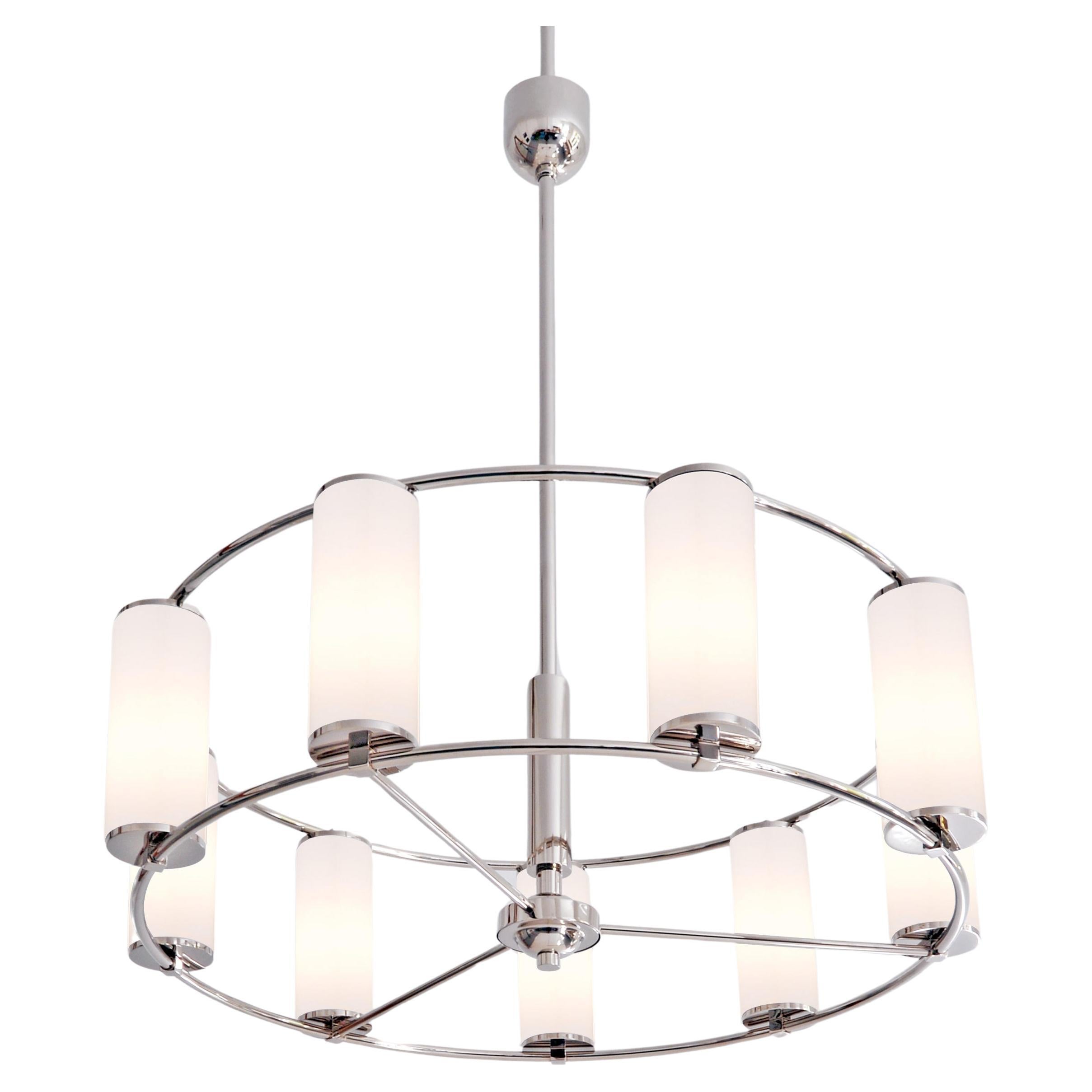 Modernist Circular 9-Light Chandelier, Plated Brass with Opal Glass Cylinders