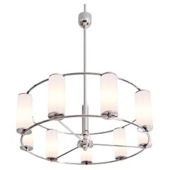 Modernist Circular 9-Light Chandelier, Plated Brass with Opal Glass Cylinders