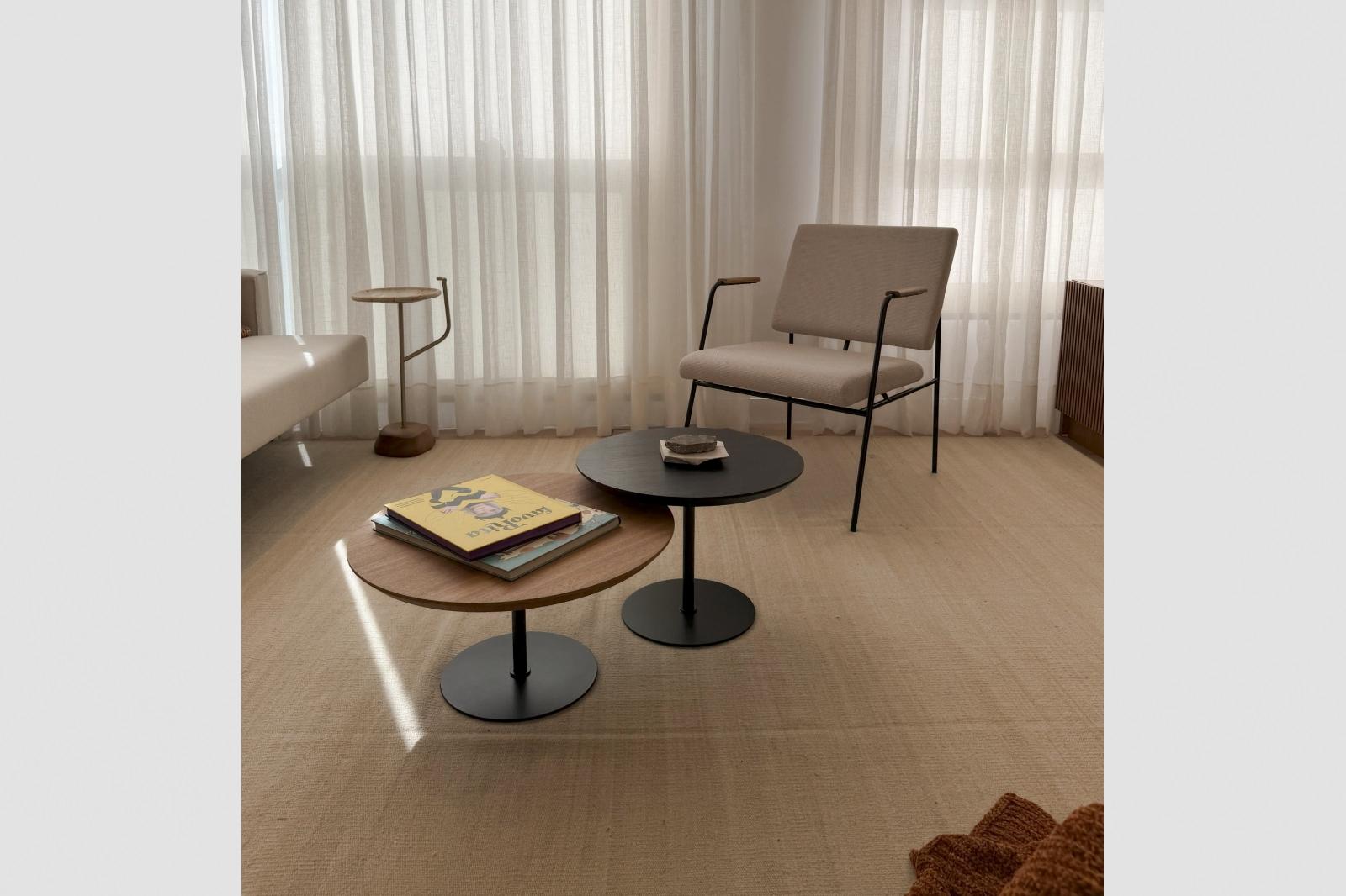 Moderne Table basse moderniste circulaire, acier peint et bois naturel en vente