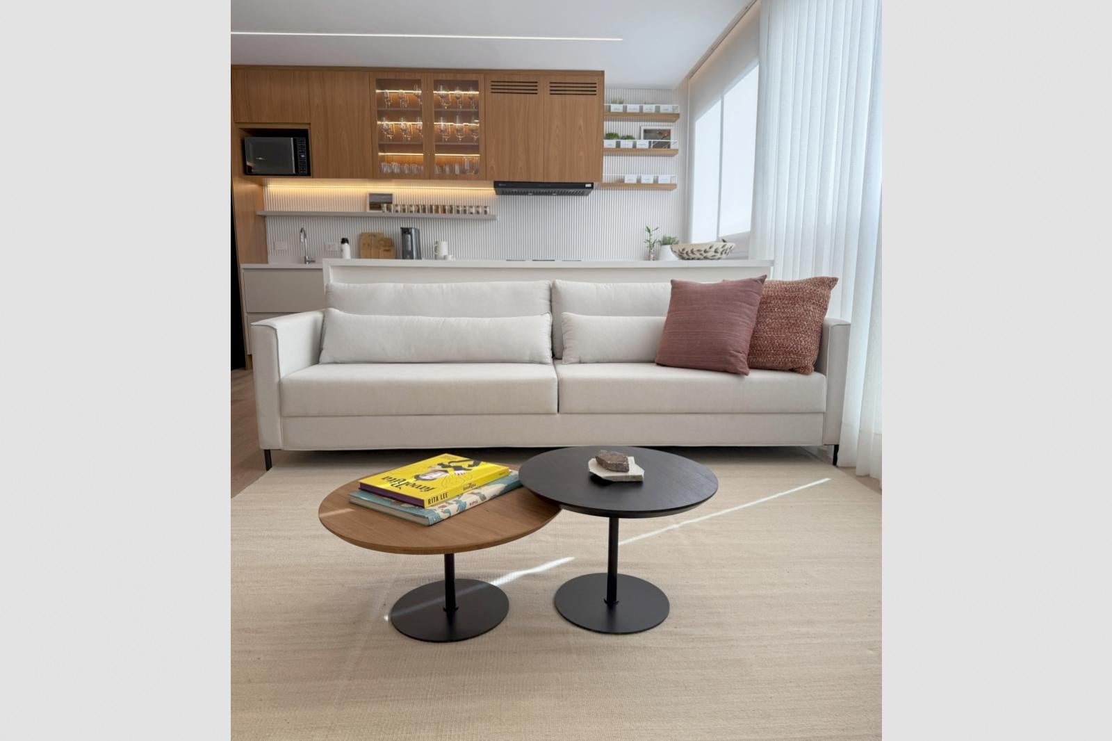 Brésilien Table basse moderniste circulaire, acier peint et bois naturel en vente