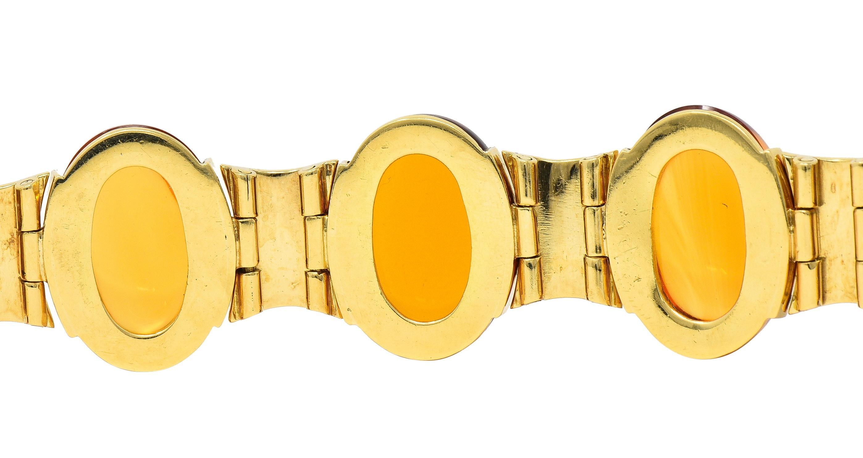 Modernist Citrine Cabochon 18 Karat Yellow Gold Vintage Hinged Link Bracelet For Sale 6