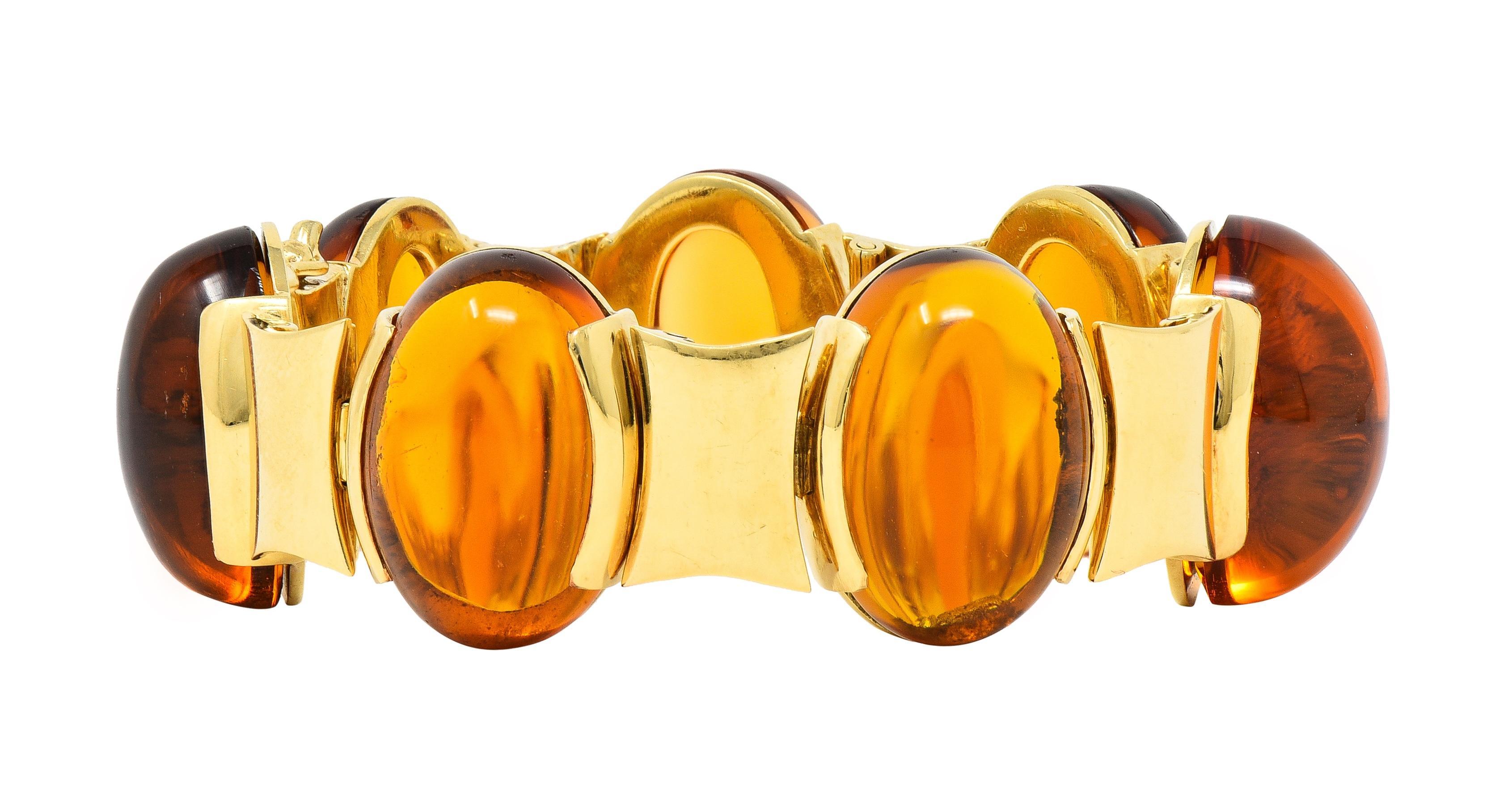 Modernist Citrine Cabochon 18 Karat Yellow Gold Vintage Hinged Link Bracelet For Sale 8