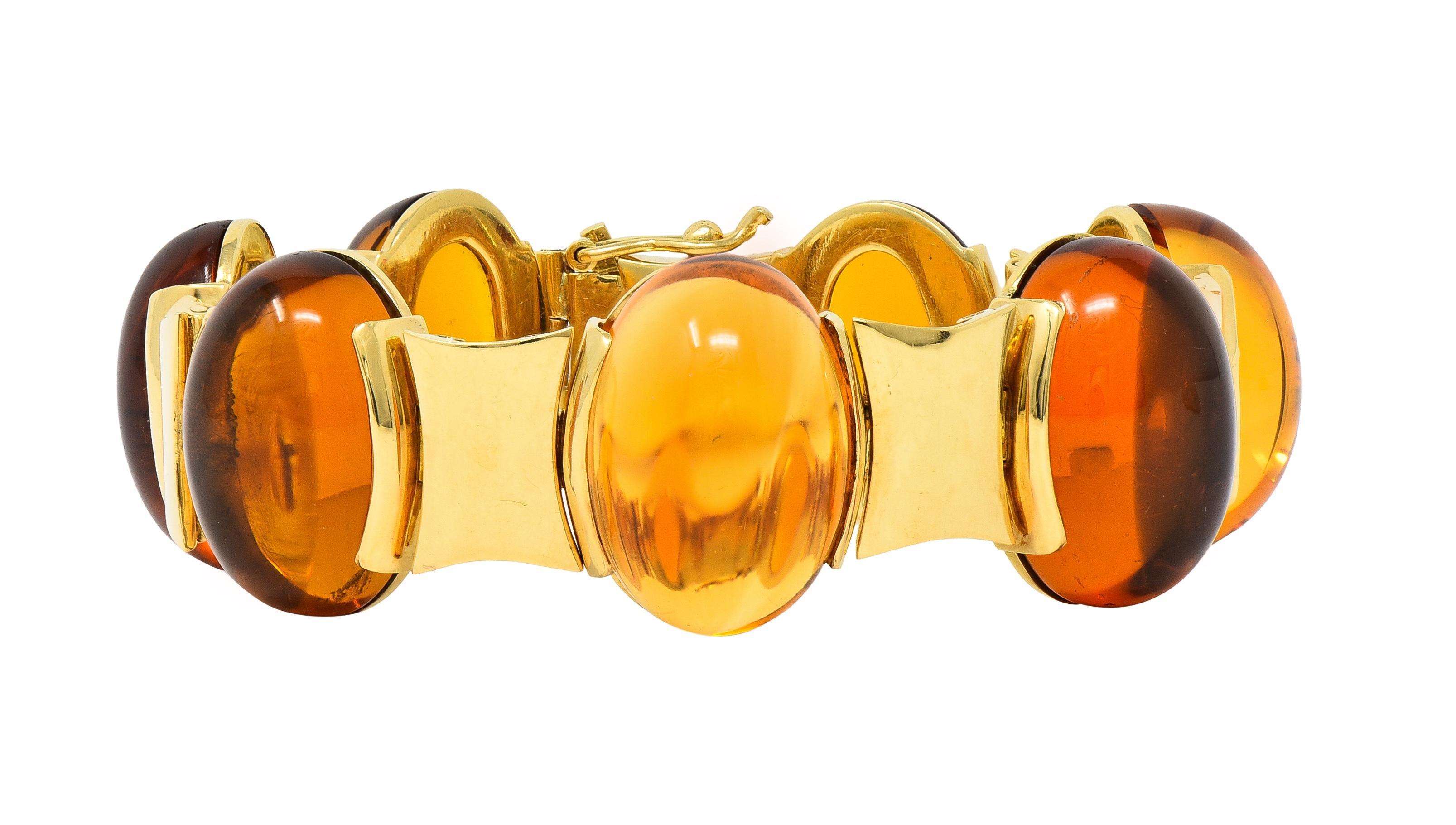 Modernist Citrine Cabochon 18 Karat Yellow Gold Vintage Hinged Link Bracelet In Excellent Condition For Sale In Philadelphia, PA