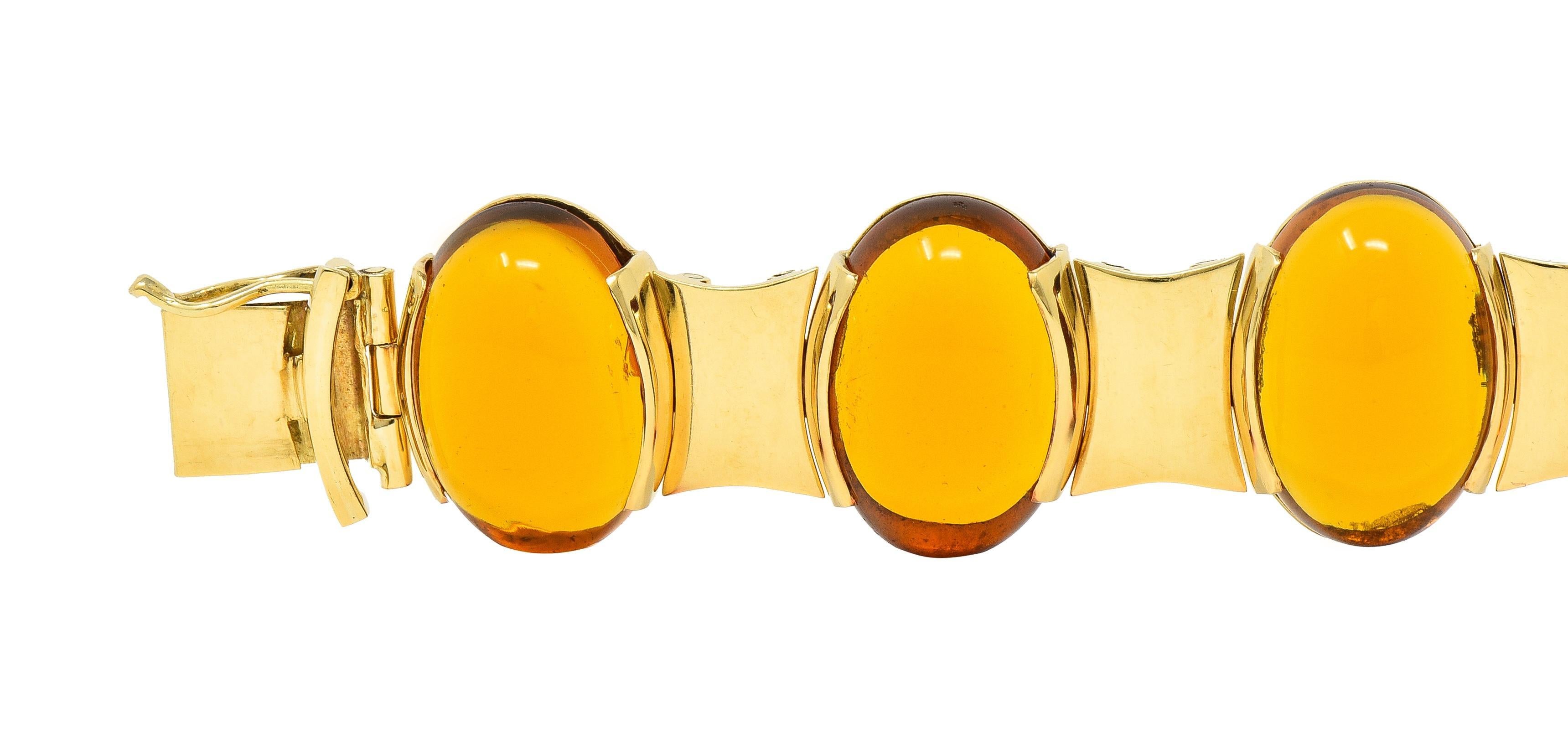 Women's or Men's Modernist Citrine Cabochon 18 Karat Yellow Gold Vintage Hinged Link Bracelet For Sale