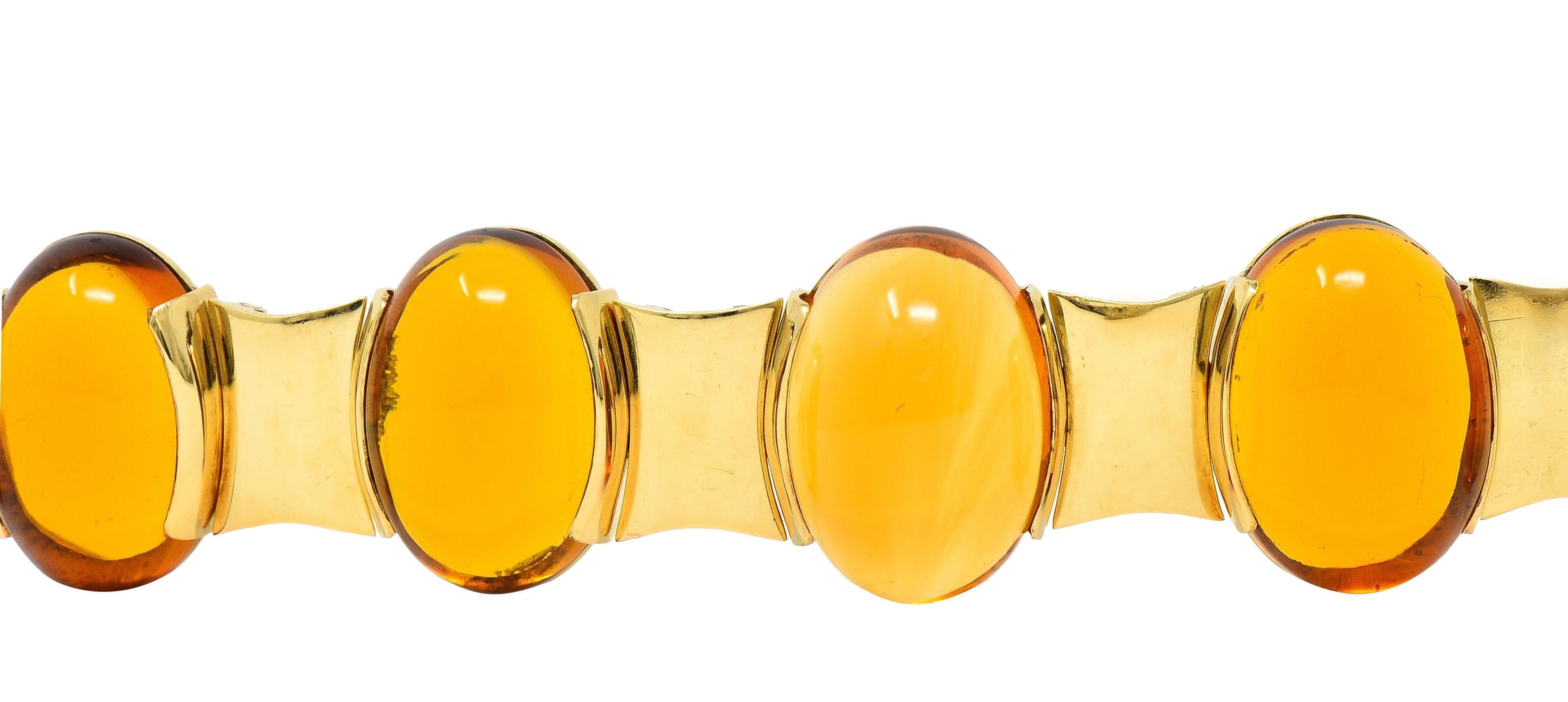 Modernist Citrine Cabochon 18 Karat Yellow Gold Vintage Hinged Link Bracelet For Sale 1