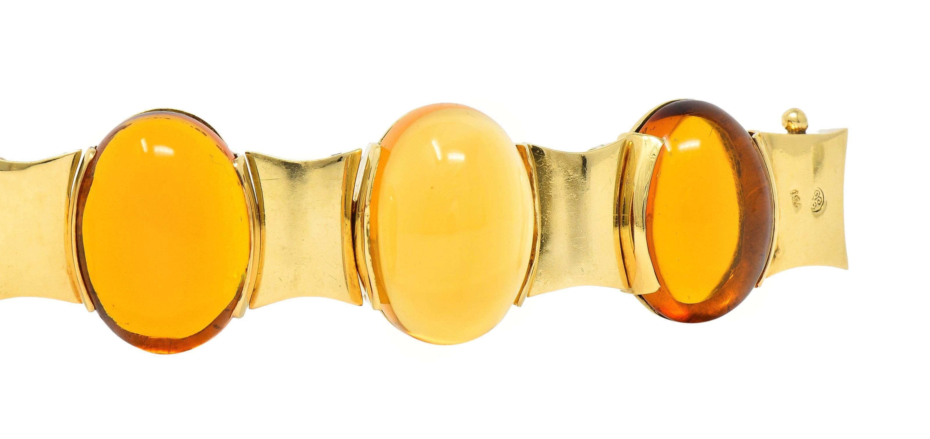 Modernist Citrine Cabochon 18 Karat Yellow Gold Vintage Hinged Link Bracelet For Sale 2