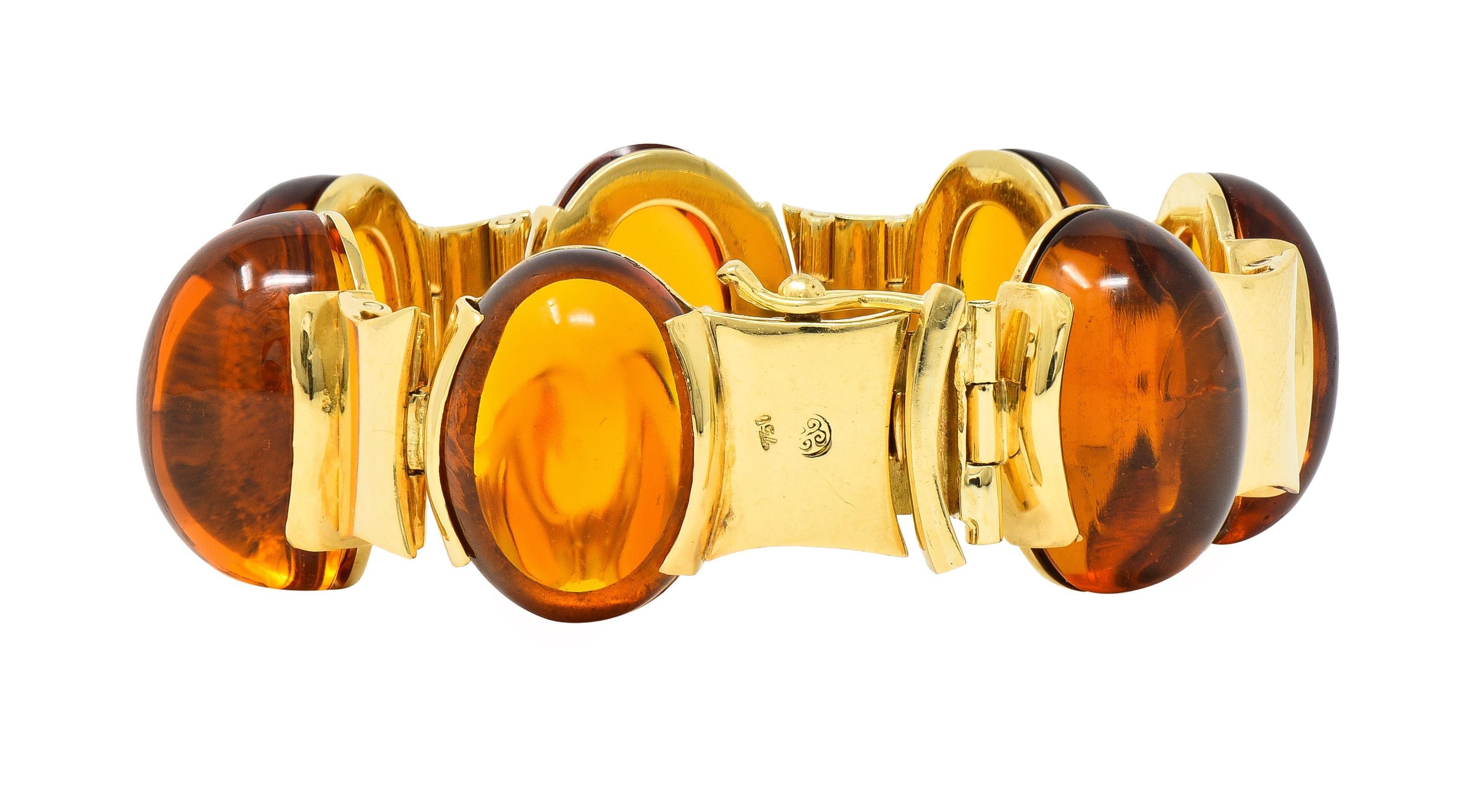 Modernist Citrine Cabochon 18 Karat Yellow Gold Vintage Hinged Link Bracelet For Sale 3