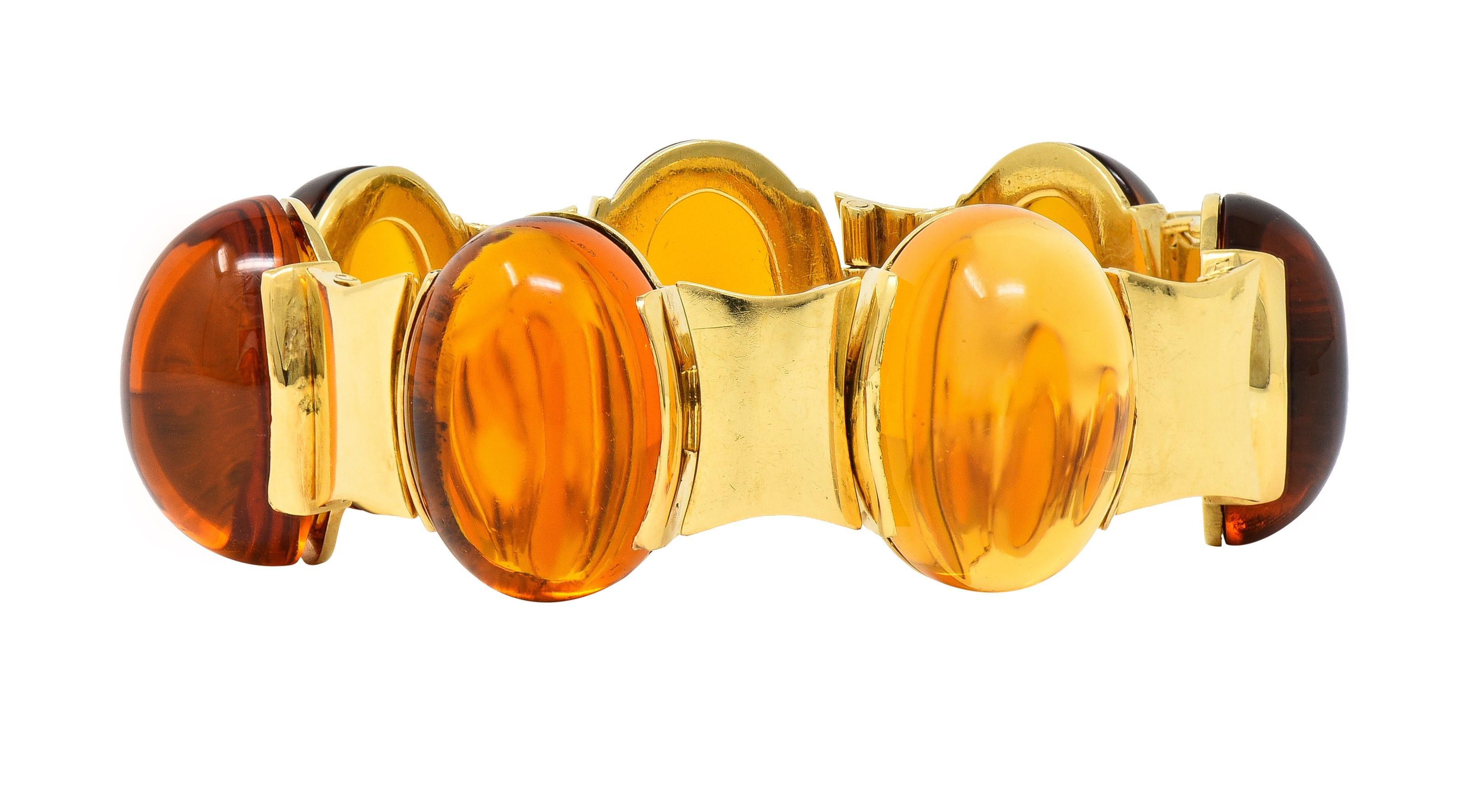 Modernist Citrine Cabochon 18 Karat Yellow Gold Vintage Hinged Link Bracelet For Sale 4