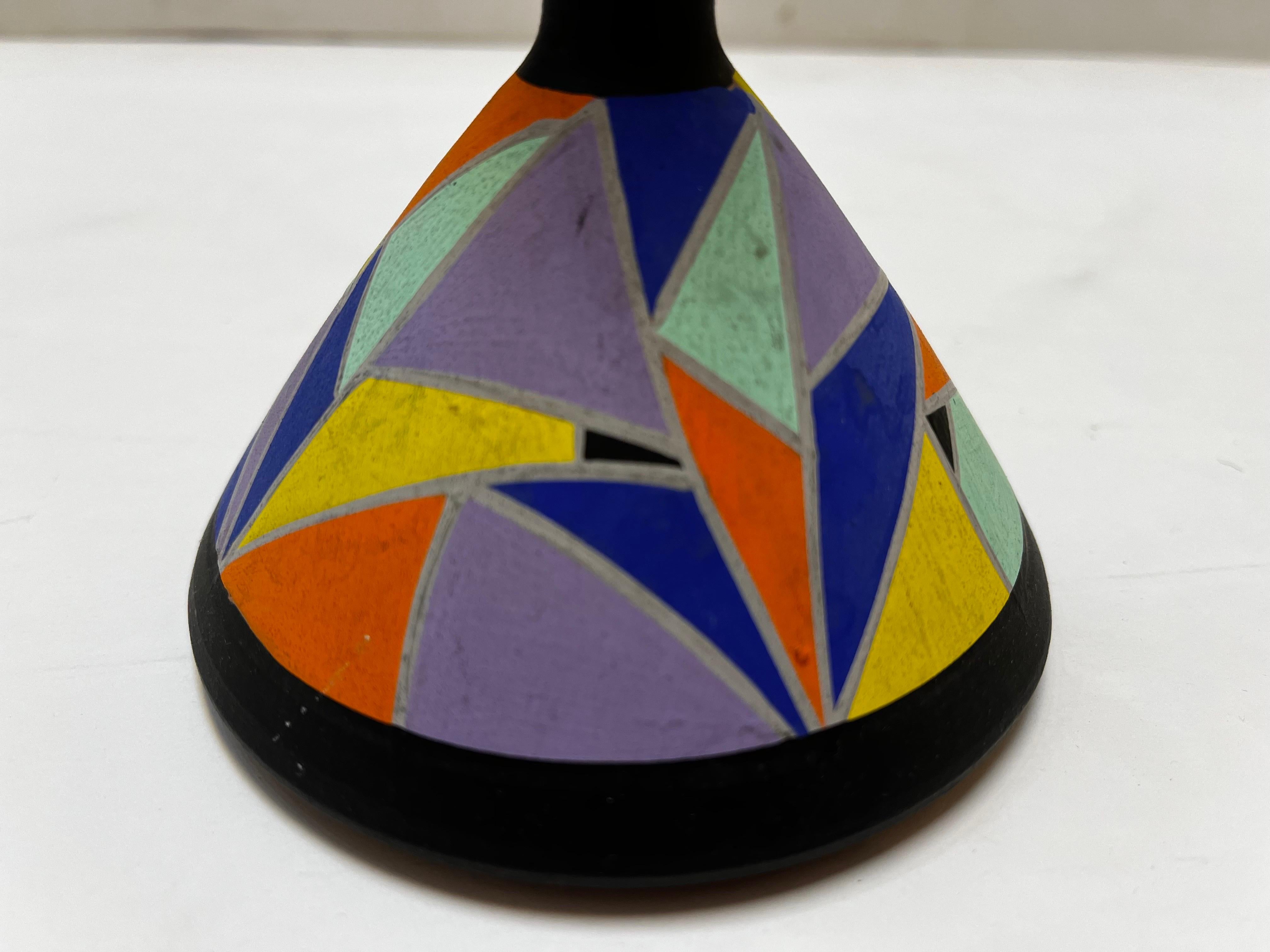 Modernist Clarice Cliff Style Hand Painted Geometric Vase with Elongated Neck In Good Condition For Sale In Atlanta, GA