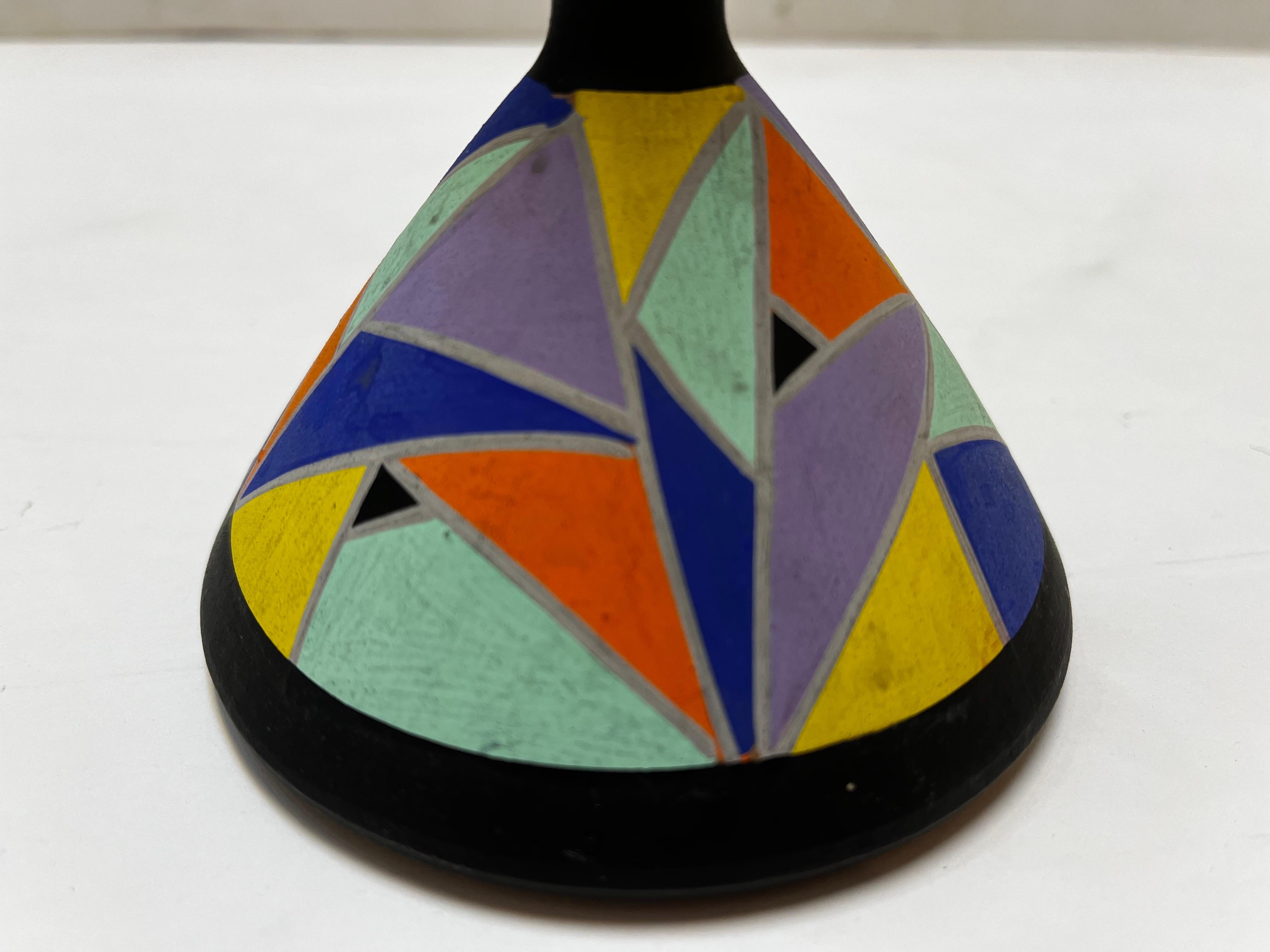 20th Century Modernist Clarice Cliff Style Hand Painted Geometric Vase with Elongated Neck For Sale