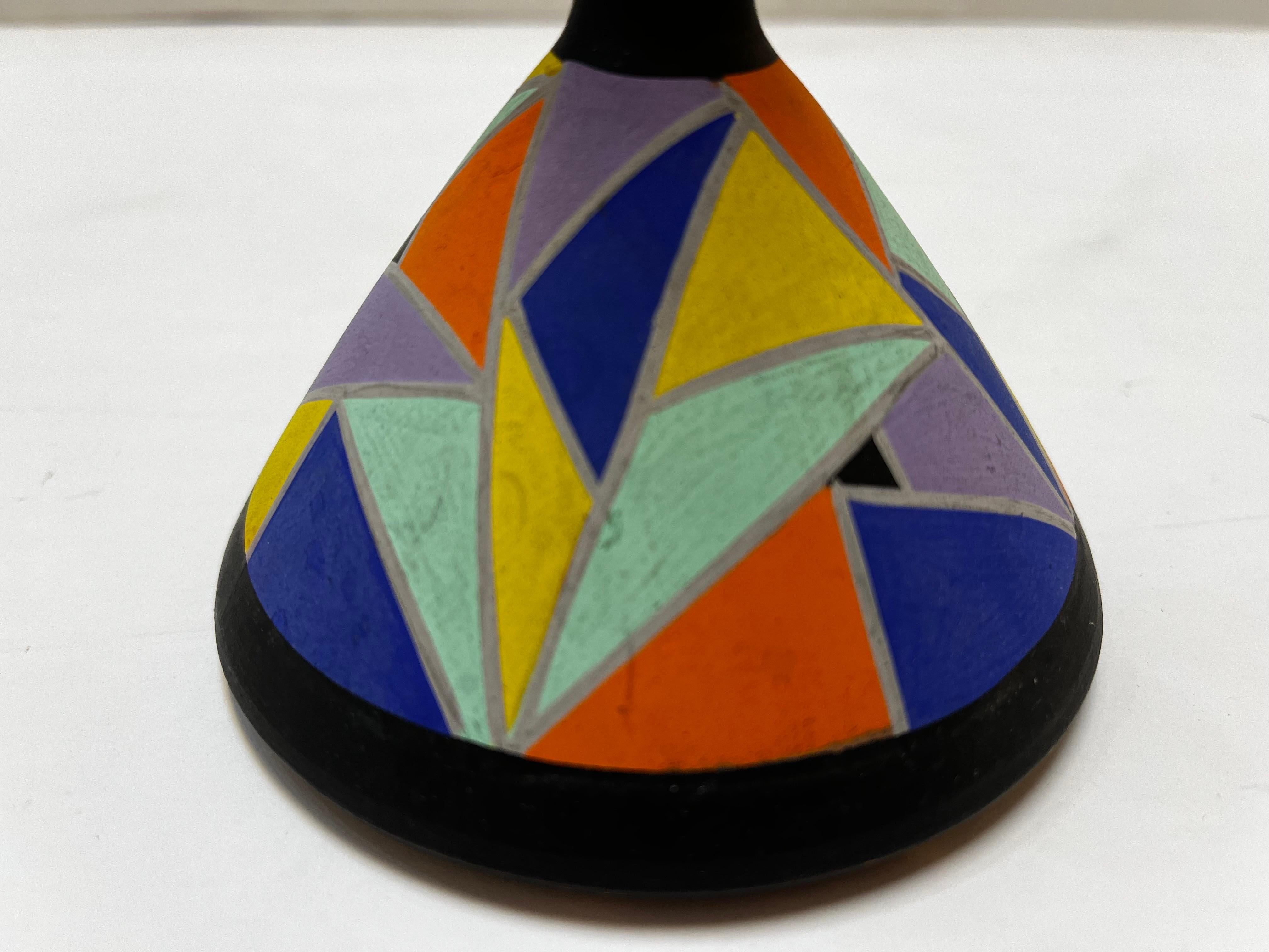 Pottery Modernist Clarice Cliff Style Hand Painted Geometric Vase with Elongated Neck For Sale