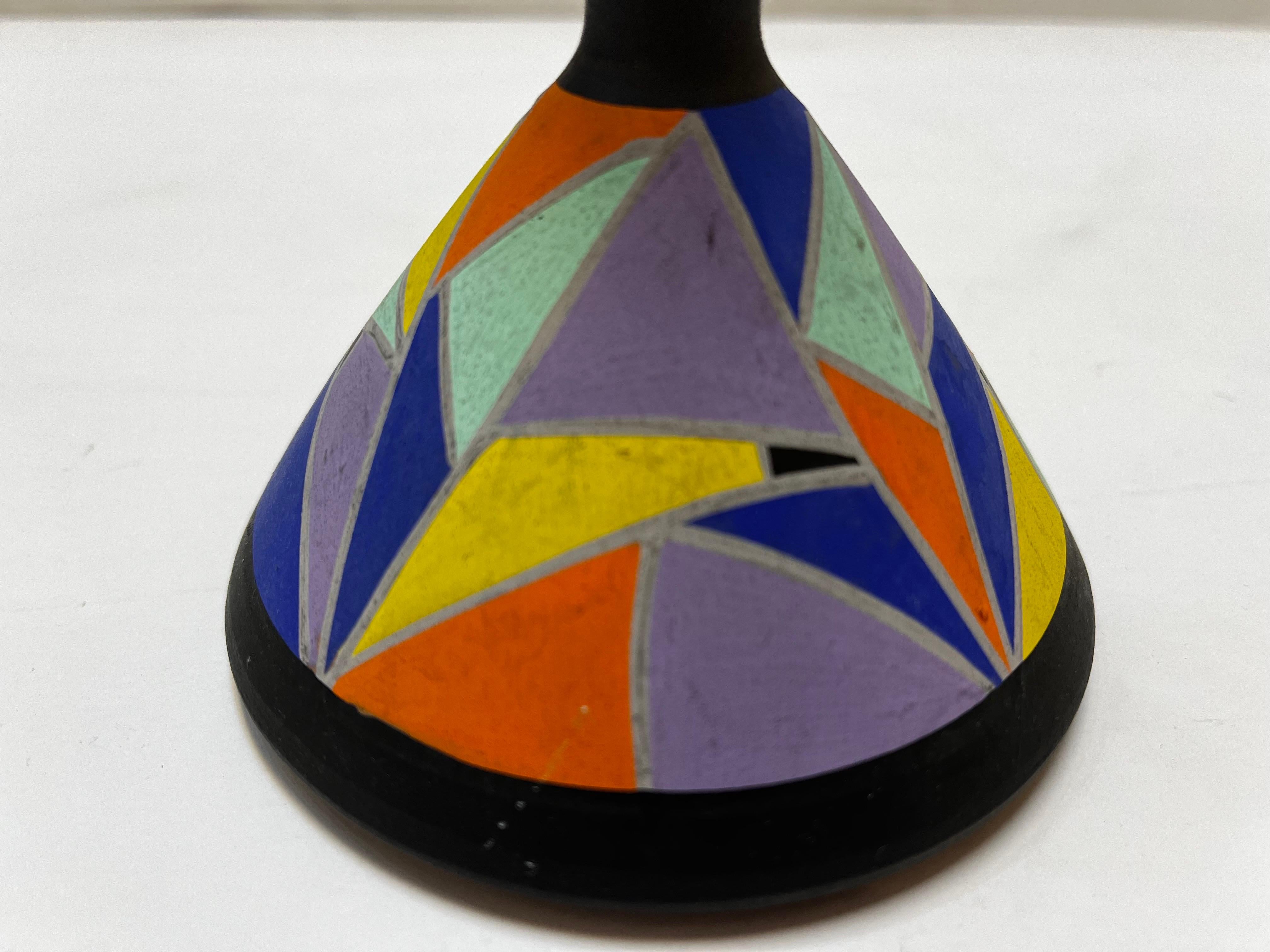 Modernist Clarice Cliff Style Hand Painted Geometric Vase with Elongated Neck For Sale 1