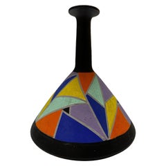 Vintage Modernist Clarice Cliff Style Hand Painted Geometric Vase with Elongated Neck