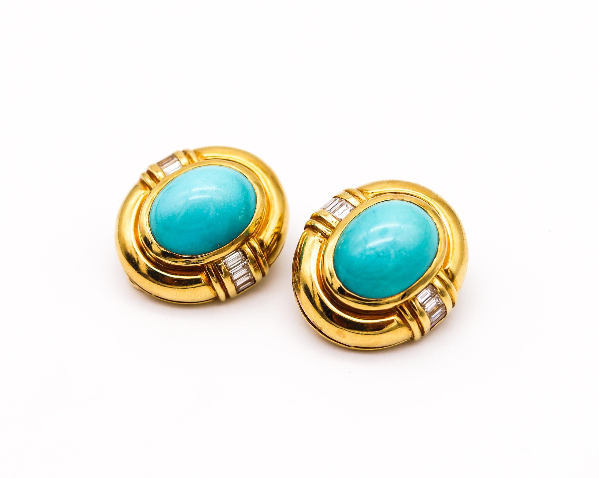 Clips-on earrings with blue turquoises.

Beautiful modernist pair of clip-on earrings crafted in Italy with a bombe oval shape in solid yellow gold of 18 karats. Finished with high polished surfaces and fitted with hinged French omega backs for