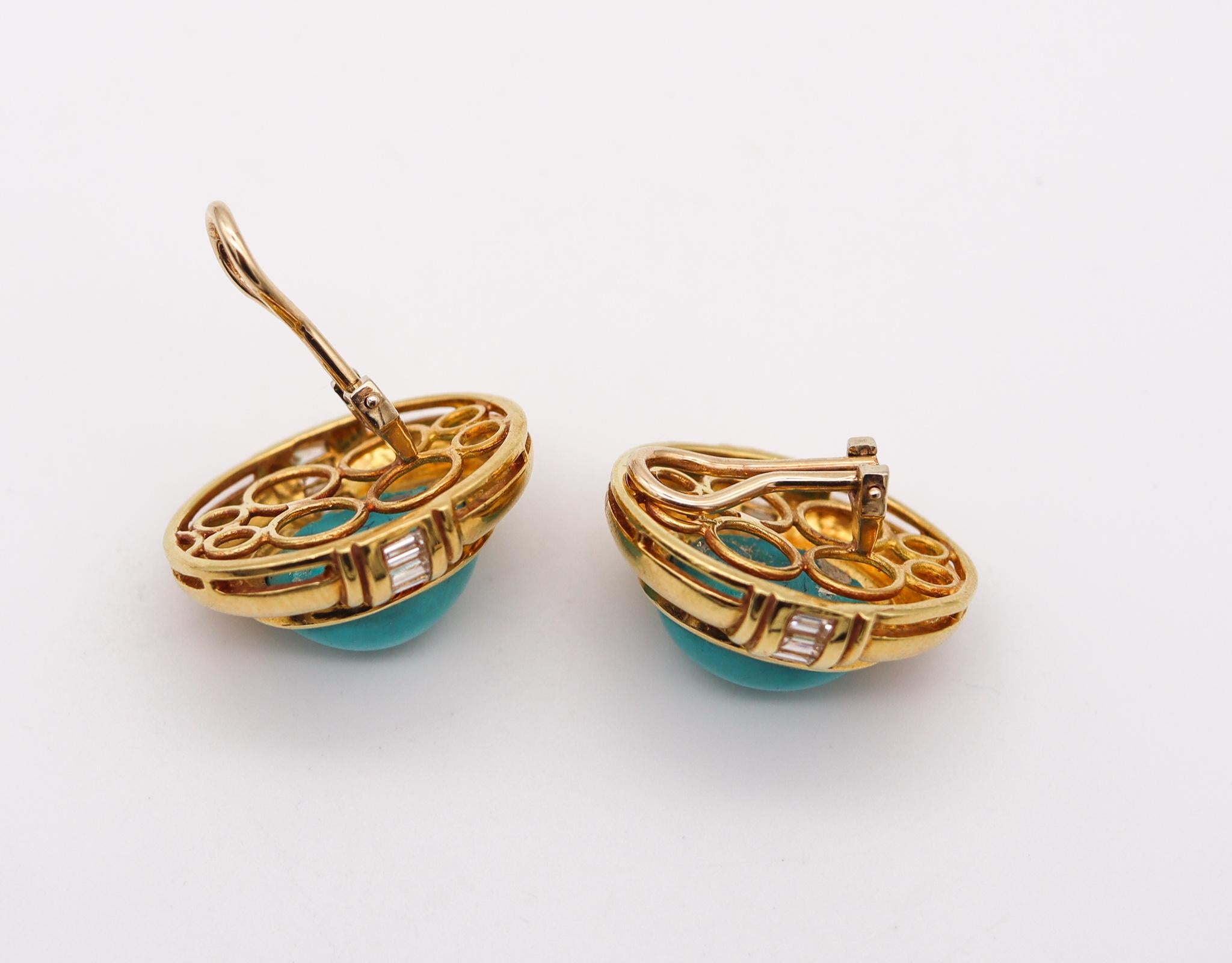 Cabochon Modernist Clip Earrings 18Kt Yellow Gold With 29.14 Ctw Turquoises & VS Diamonds