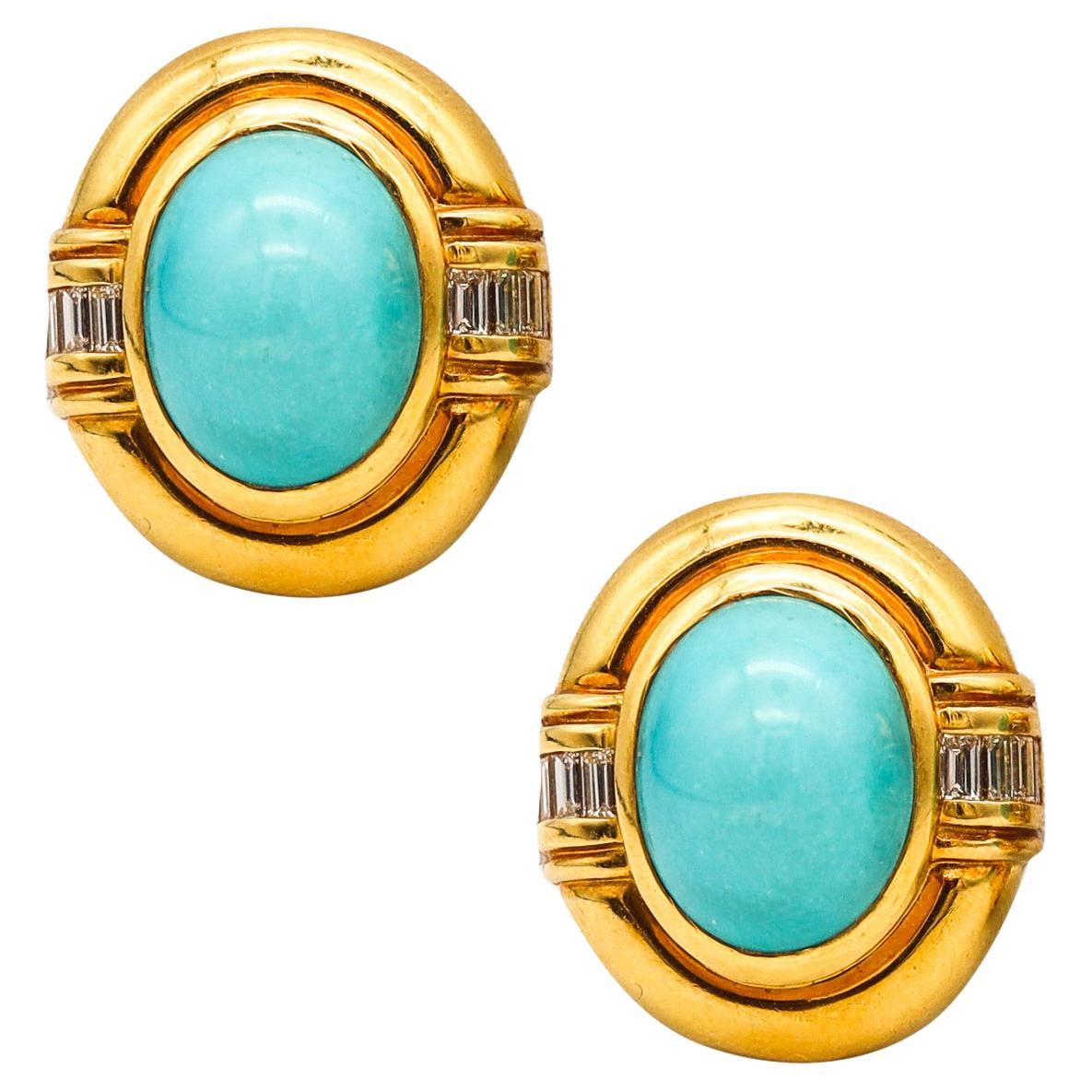 Modernist Clip Earrings 18Kt Yellow Gold With 29.14 Ctw Turquoises & VS Diamonds