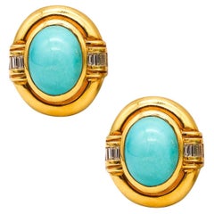 Vintage Modernist Clip Earrings 18Kt Yellow Gold With 29.14 Ctw Turquoises & VS Diamonds